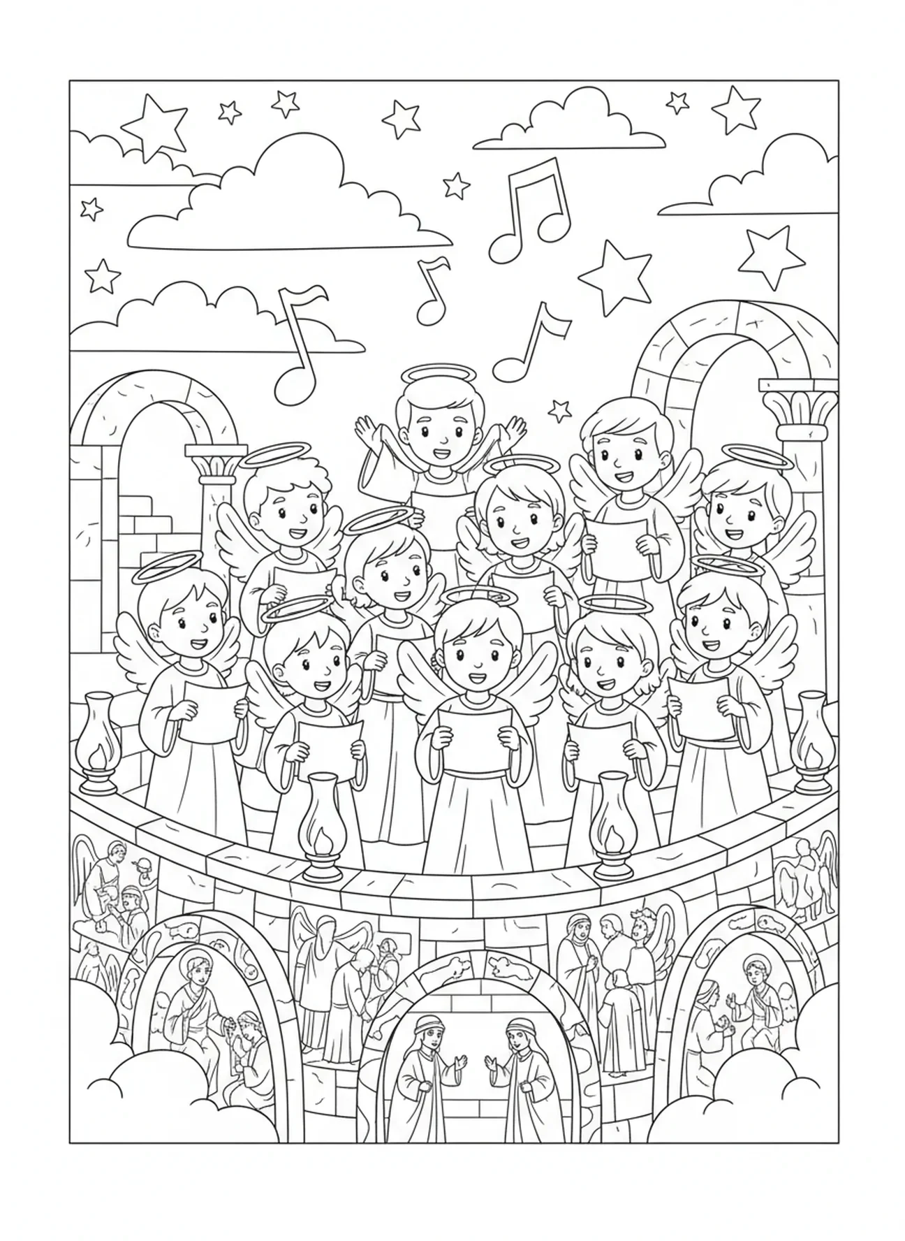 Himmlischer Chor, Malvorlage der Himmelstüren für Kinder in der Sonntagsschule im Alter von 5-12 Jahren.