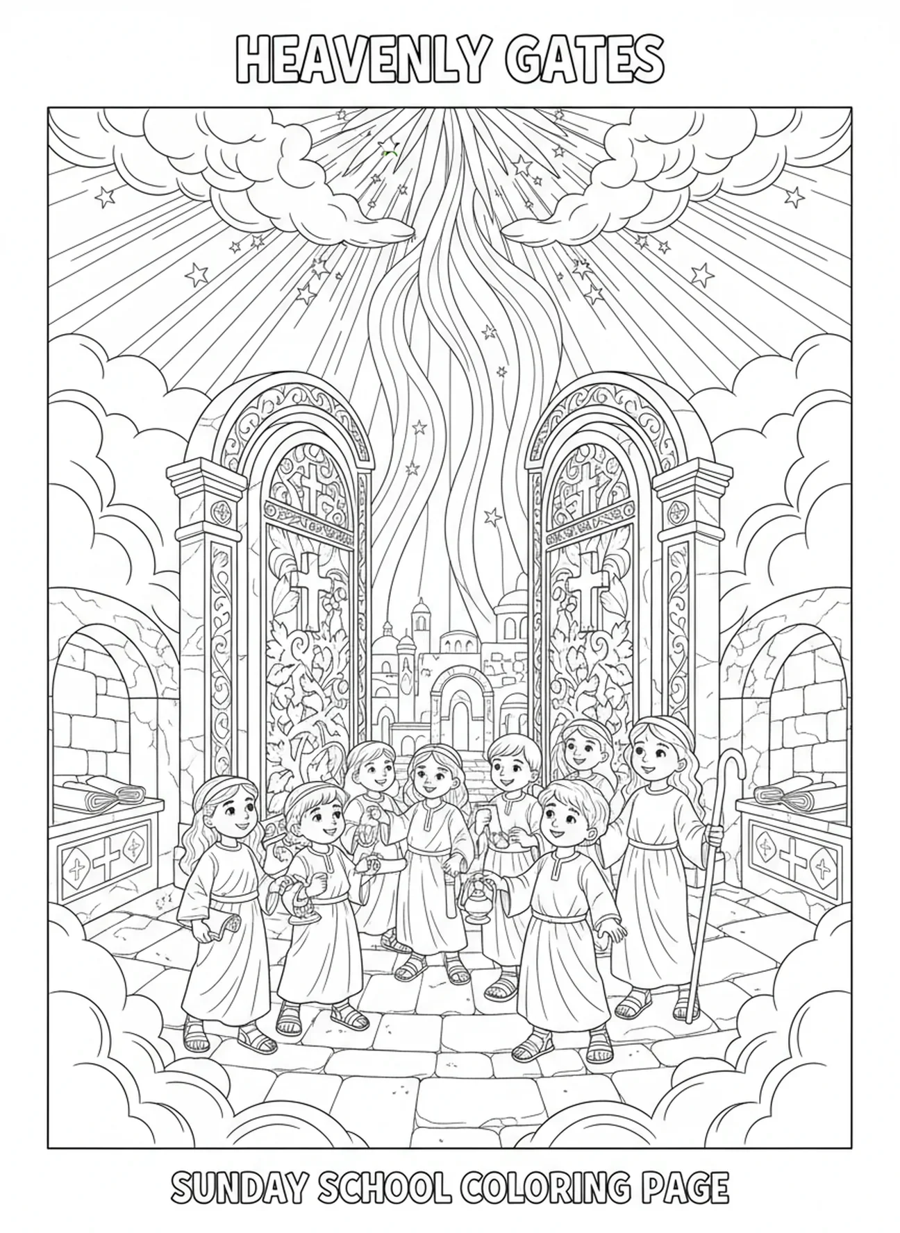 Strahlendes Licht, Malvorlage zu den Himmelstoren für Kinder im Religionsunterricht im Alter von 5-12 Jahren.