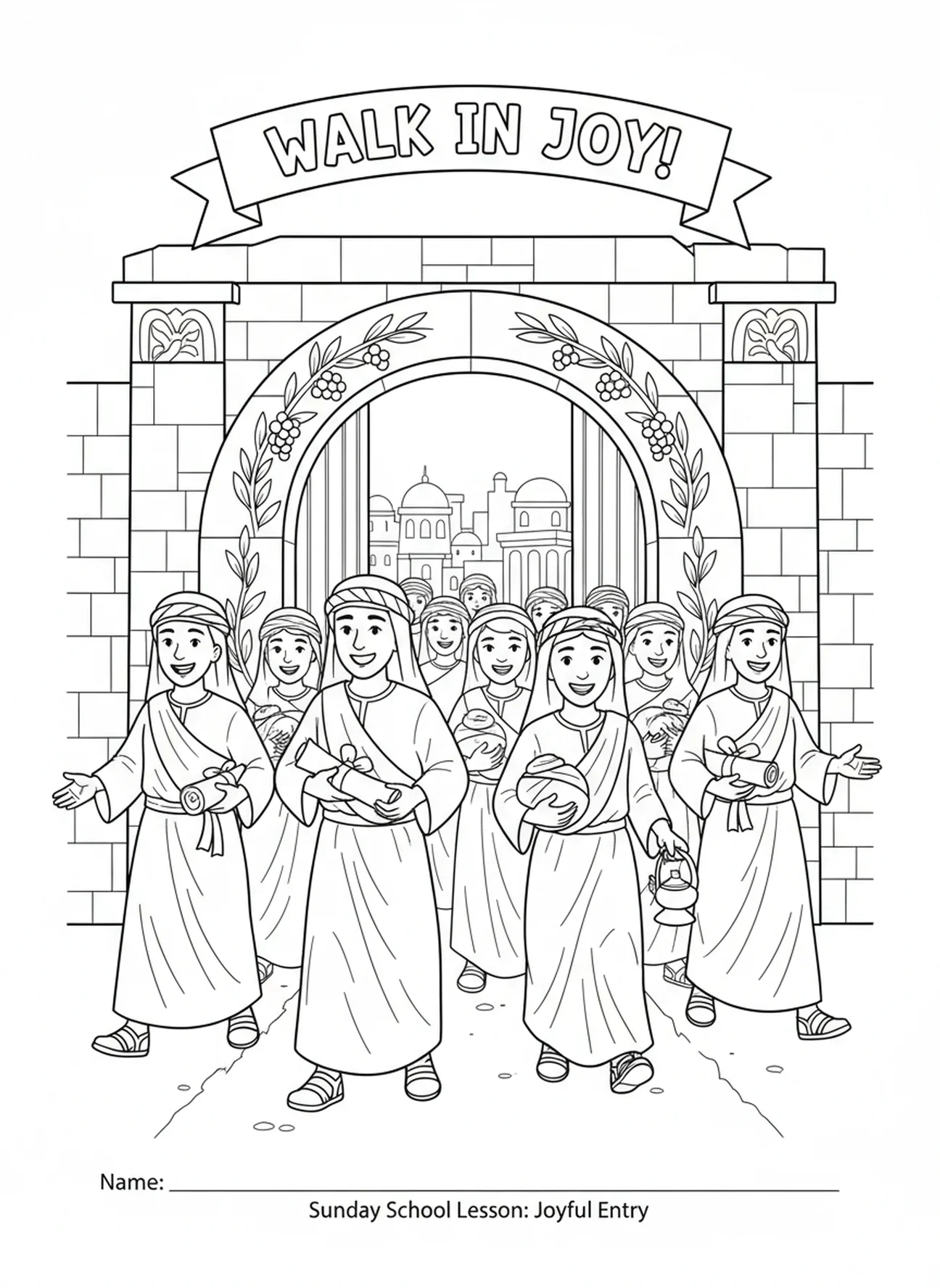 Fröhliche Menschen, Ausmalbild der Himmelstüren für Sonntagsschulkinder im Alter von 5-12 Jahren.