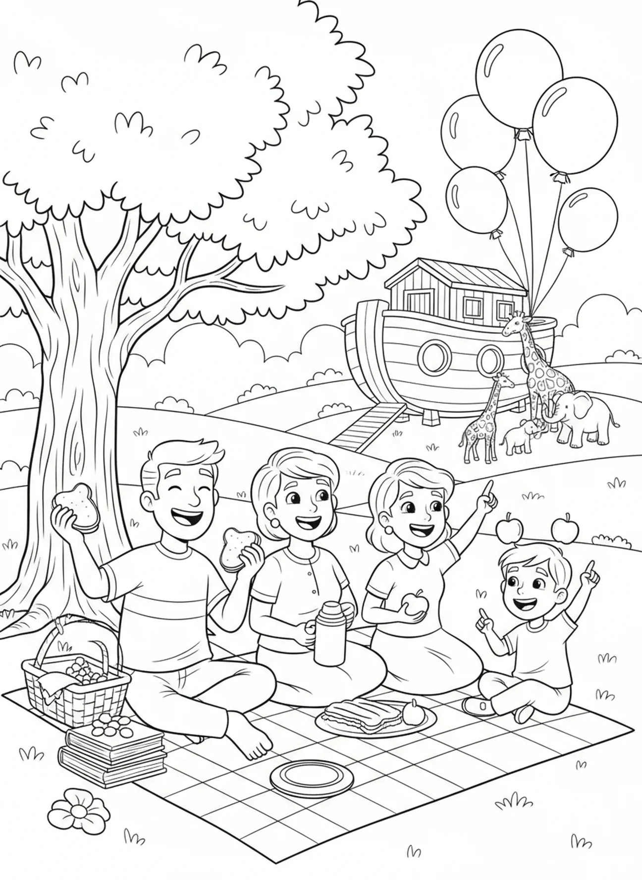 Família alegre fazendo um piquenique, página de colorir cristã do Quatro de Julho para crianças de 5 a 10 anos