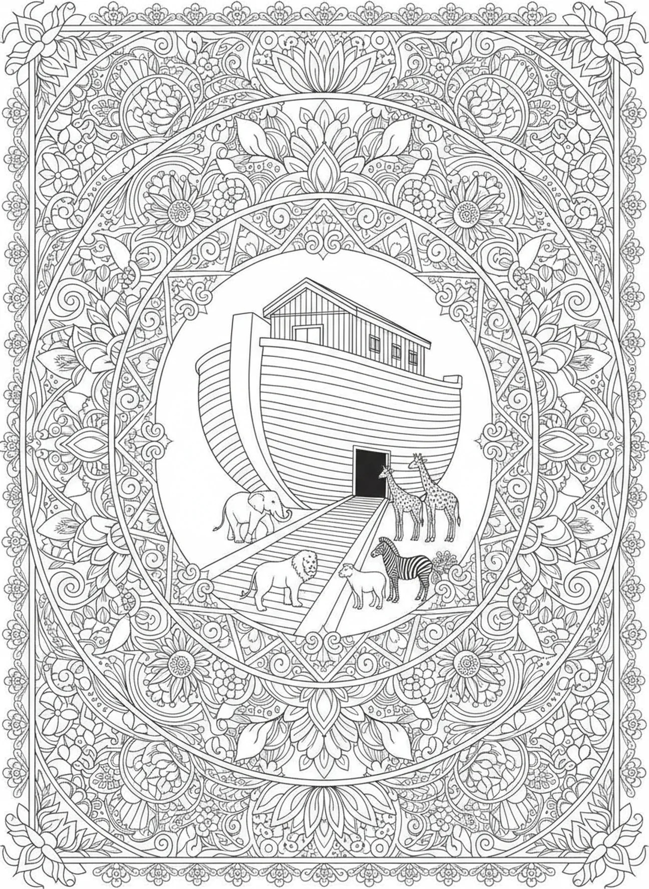Paires d'animaux montant à bord, page à colorier religieuse pour adultes dans le style du journal biblique