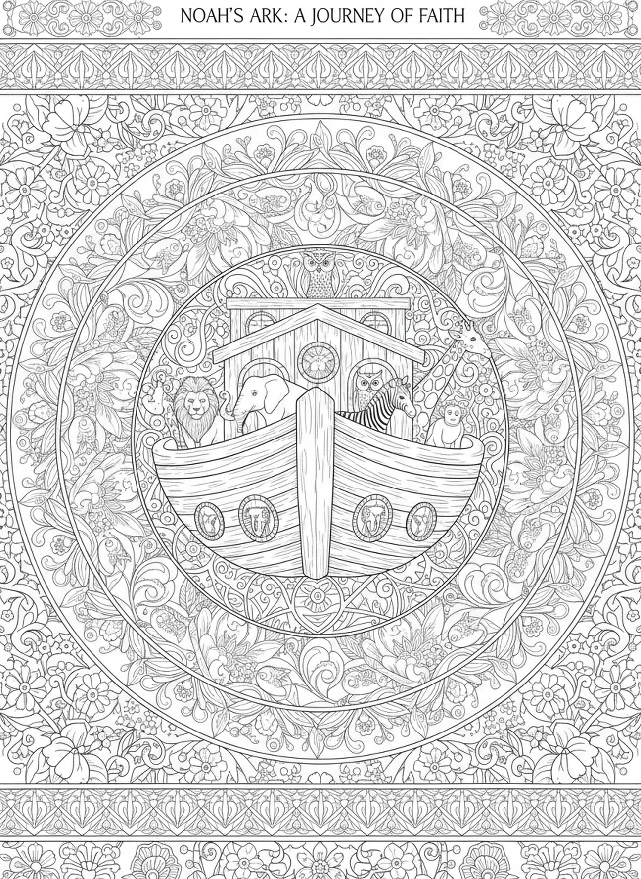 Animaux regardant par l'arche, page de coloriage religieuse pour adultes dans le style du journal biblique