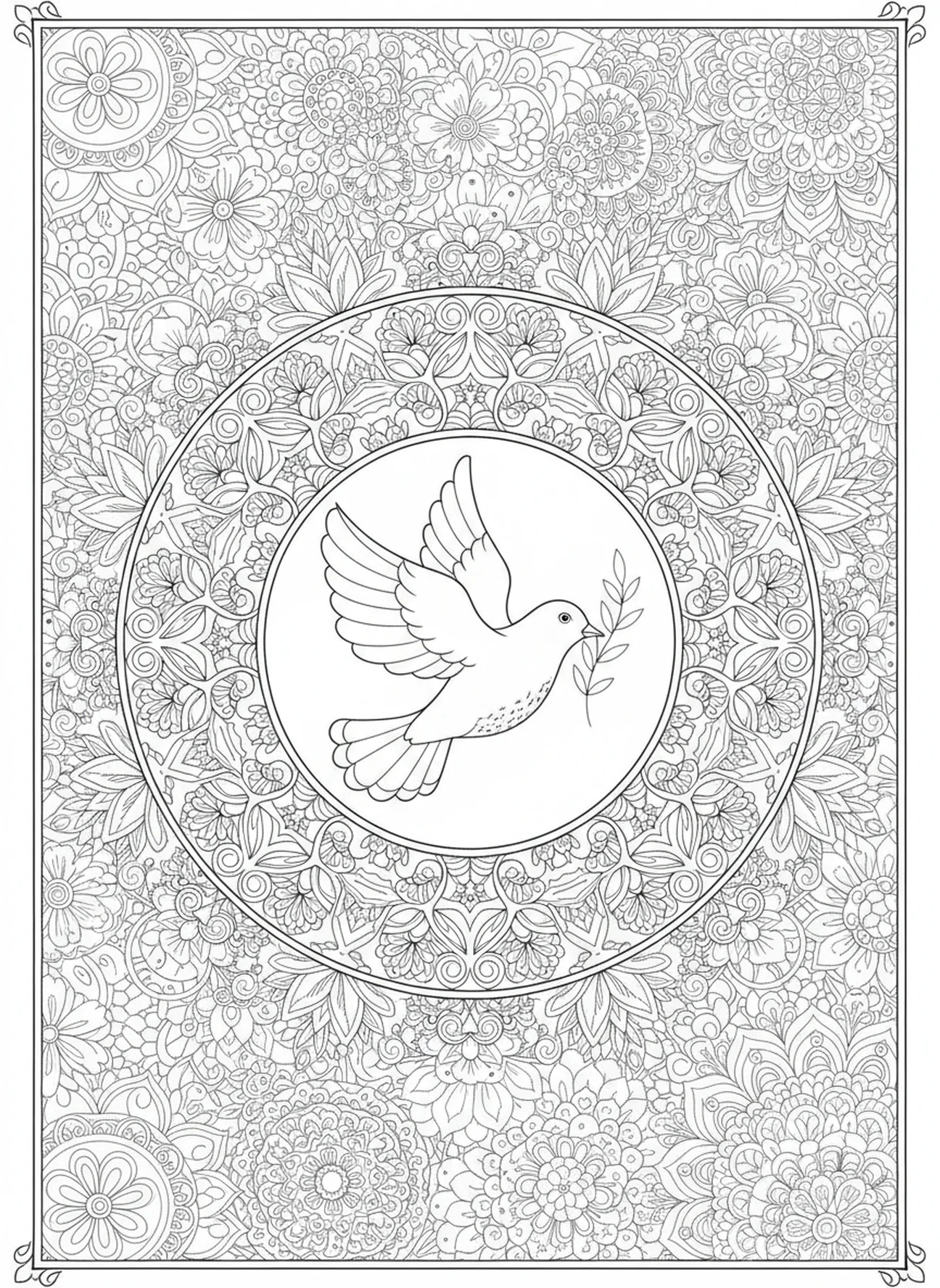 Colombe portant une branche d'olivier, page à colorier religieuse pour adultes, style journal biblique