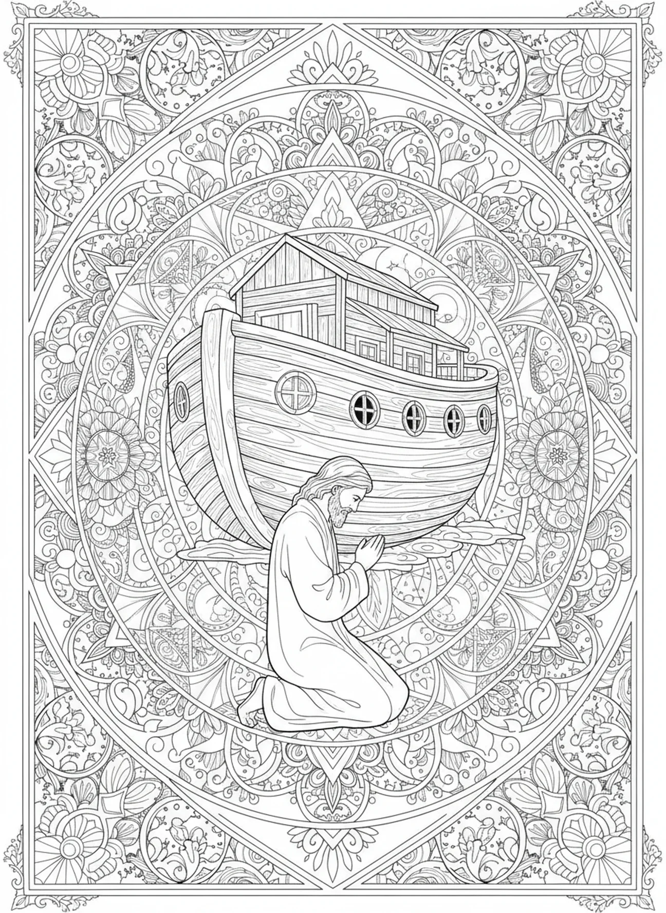 Noé priant à côté de l'arche, page de coloriage religieuse pour adultes dans le style du journal biblique