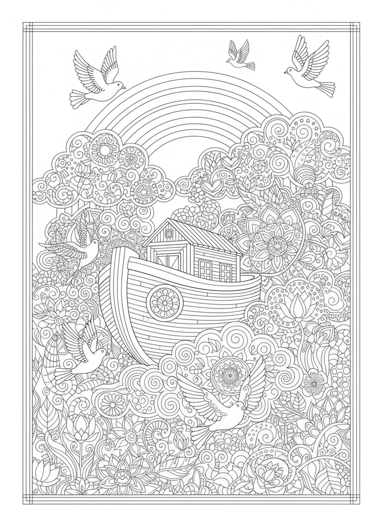 Arc-en-ciel au-dessus de l'arche, page à colorier religieuse pour adultes dans le style du journal biblique