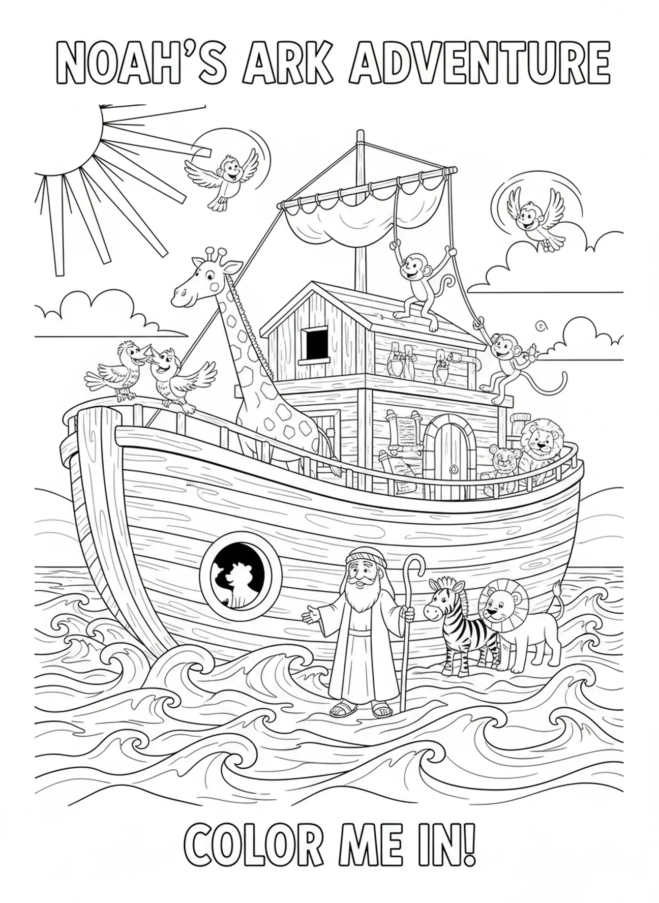 Animaux jouant sur l'arche, page à colorier religieuse pour les enfants de catéchisme âgés de 5 à 12 ans