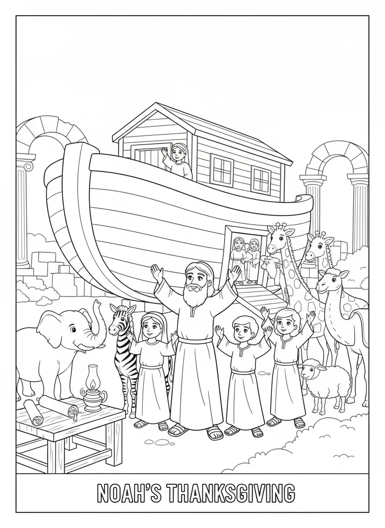 Noé rendant grâce, page à colorier religieuse pour les enfants de l'École du dimanche âgés de 5 à 12 ans