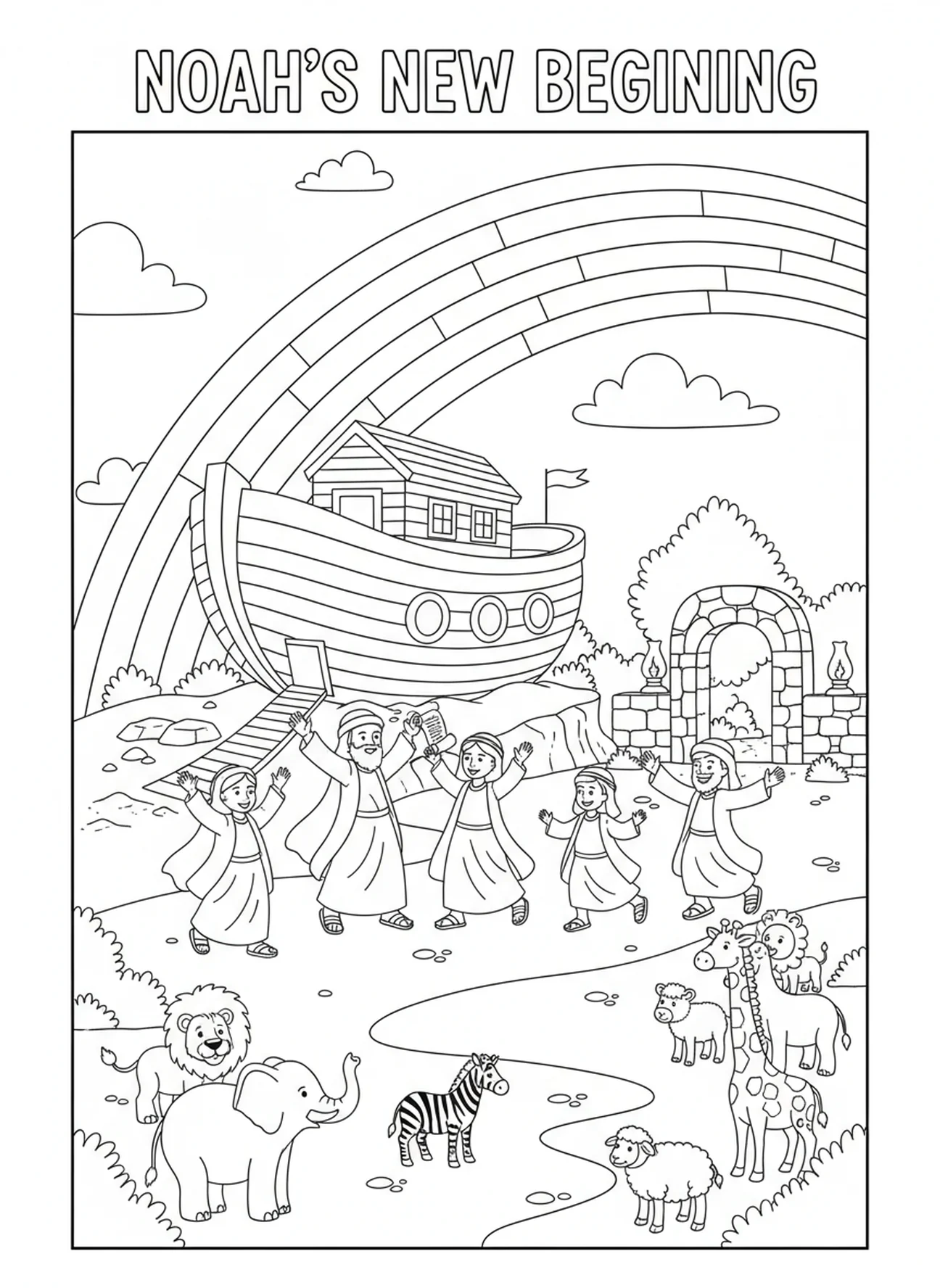 Arc-en-ciel au-dessus de l'arche de Noé, page à colorier religieuse pour les enfants de catéchisme âgés de 5 à 12 ans