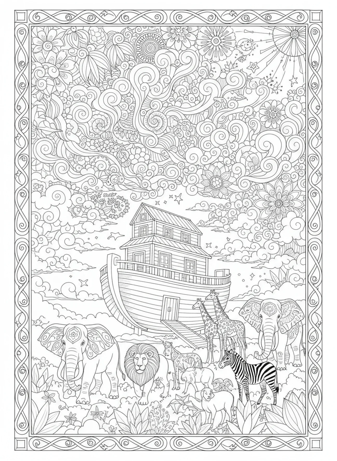 Paires d'animaux, page de coloriage religieuse pour adultes dans le style du journal biblique