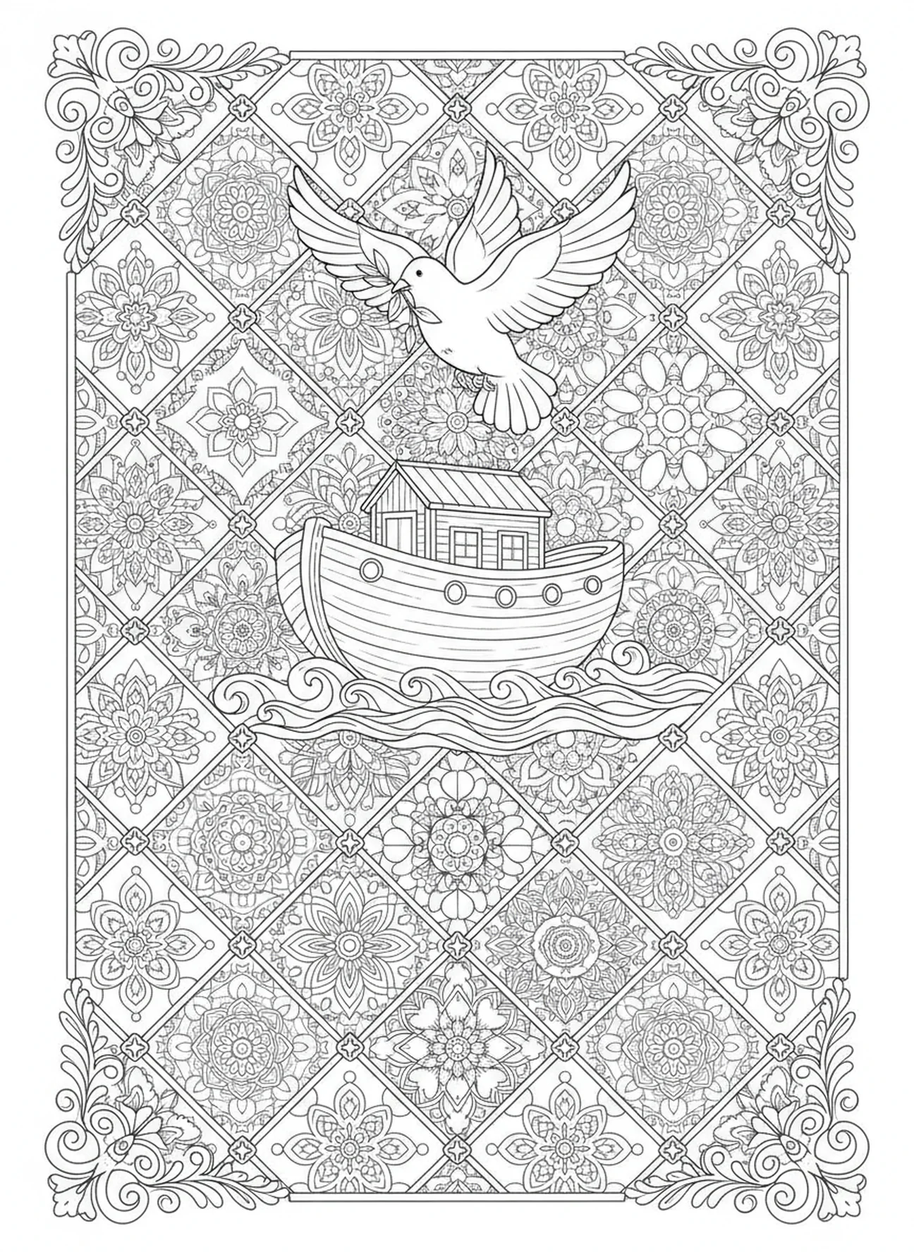 Colombe avec branche d'olivier, page à colorier religieuse pour adultes dans le style du journal biblique