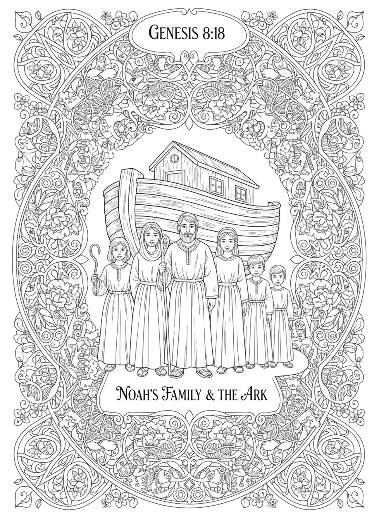 Noé et sa famille, page de coloriage religieux pour adultes dans le style du journal biblique