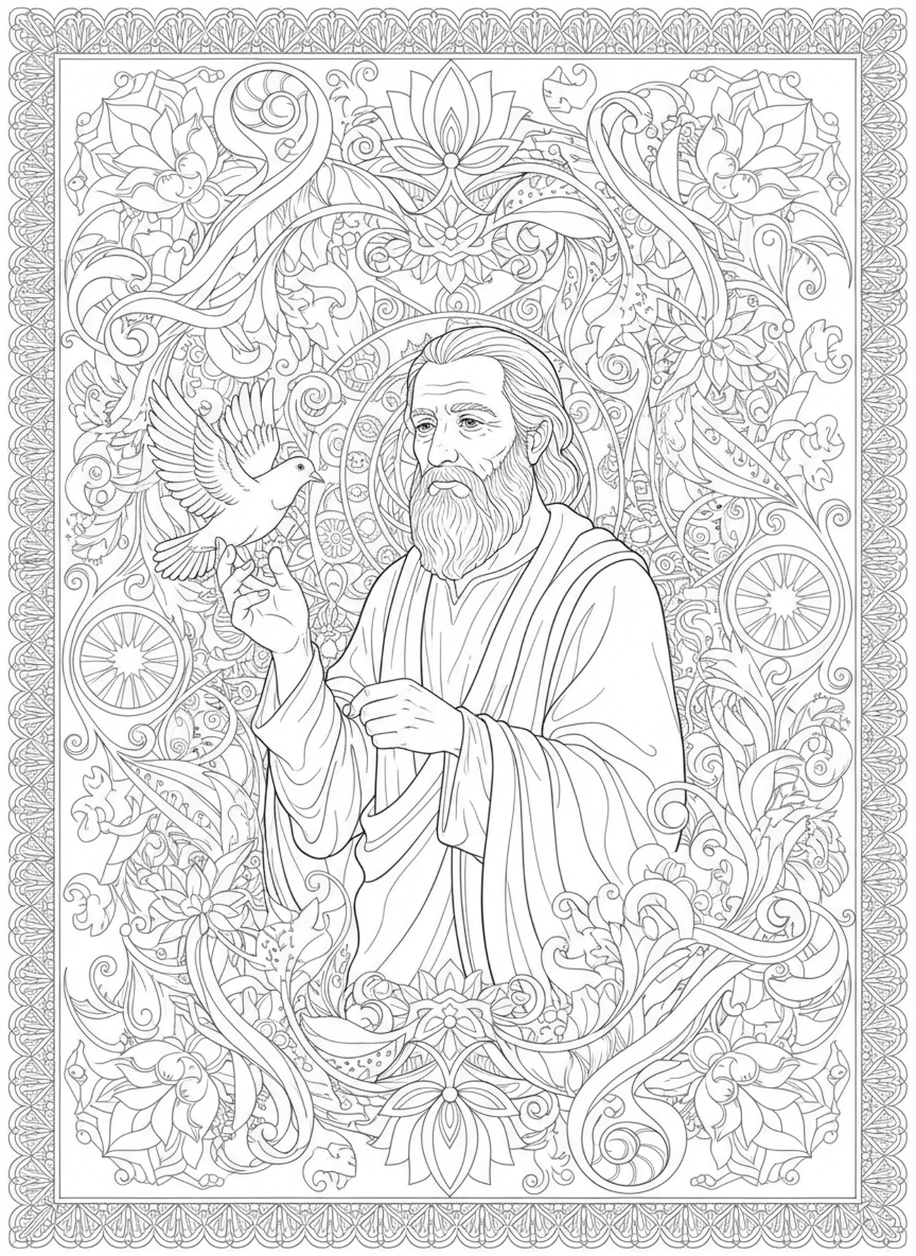Noé libérant une colombe, page de coloriage religieuse pour adultes dans le style du journal biblique