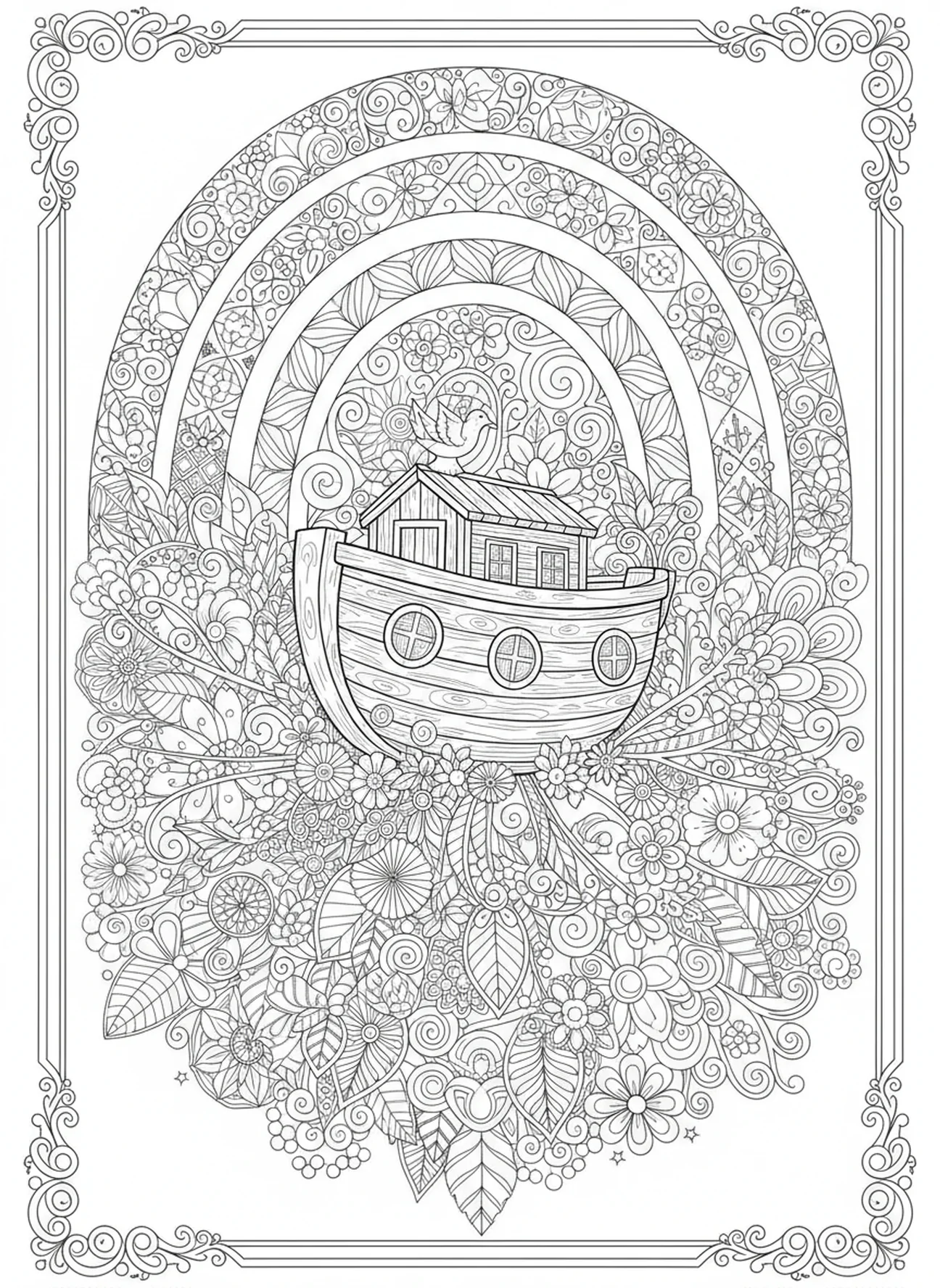 Arc-en-ciel majestueux, page à colorier religieuse pour adultes dans le style du journal biblique