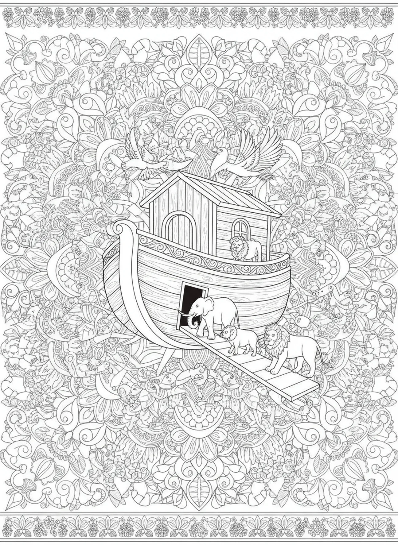 Casais de animais entrando na arca, página de colorir cristã para adultos no estilo de journaling bíblico.