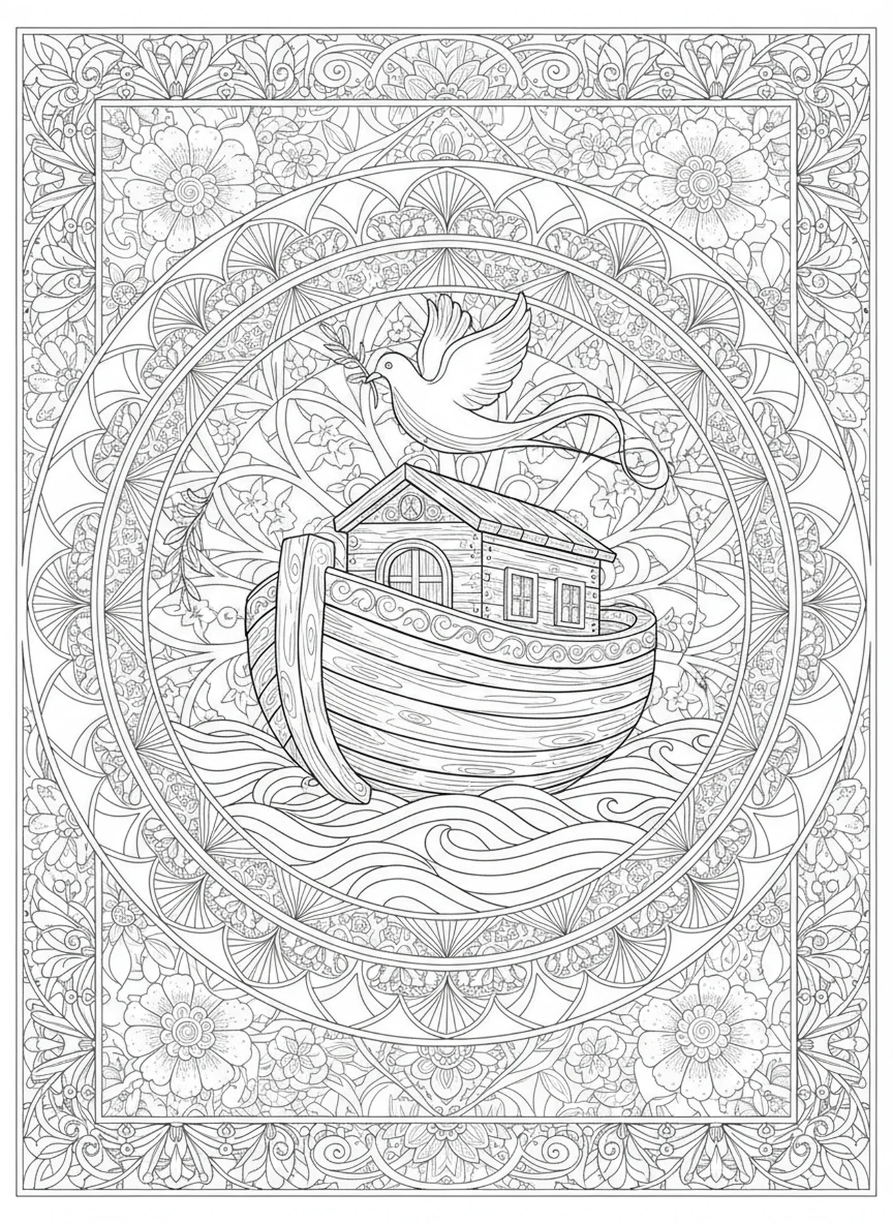 Pomba carregando um ramo de oliveira acima da arca, página de colorir cristã para adultos no estilo de journaling bíblico.