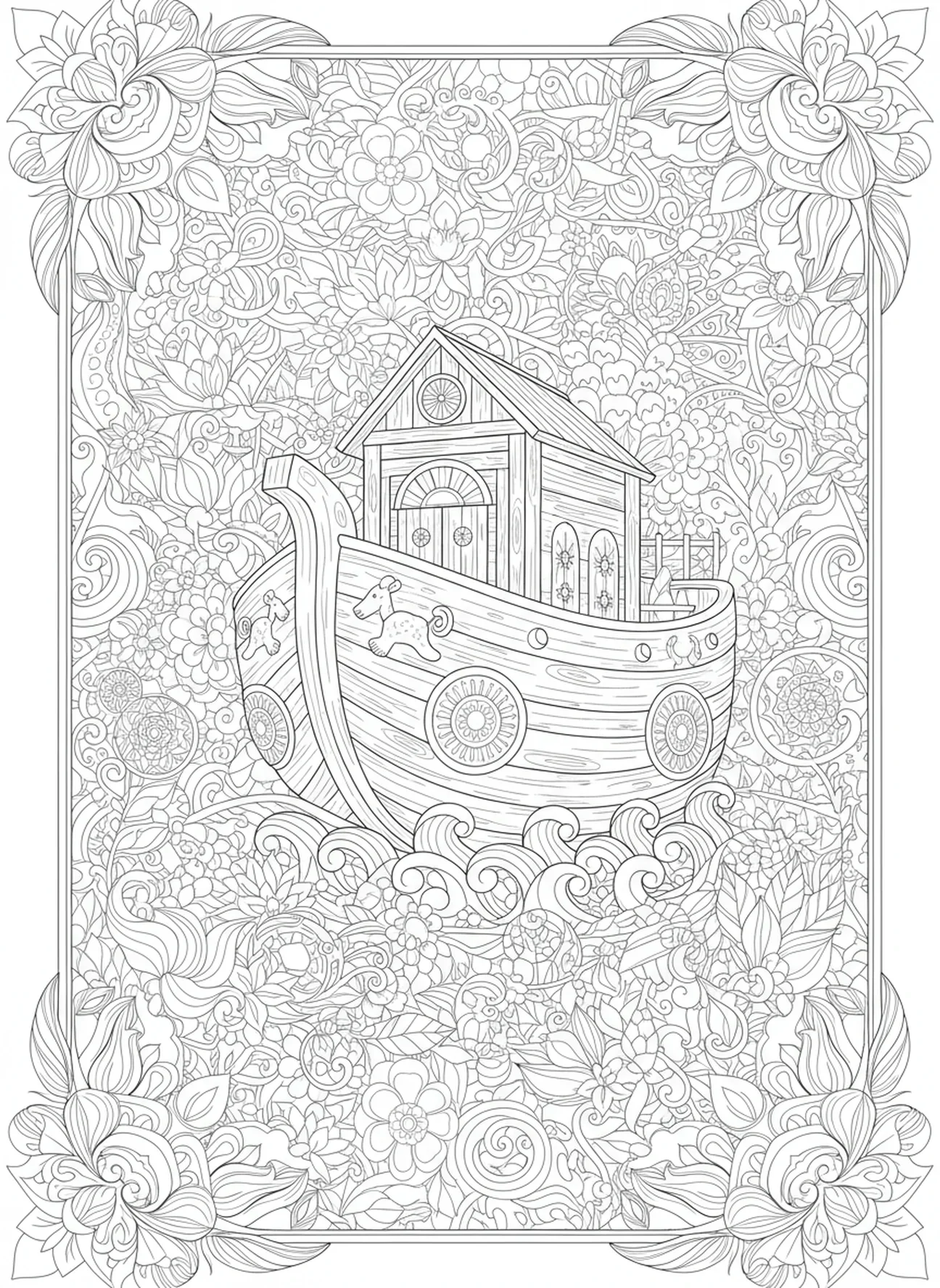 Padrões florais ao redor da arca, página de colorir cristã para adultos no estilo de journaling bíblico.