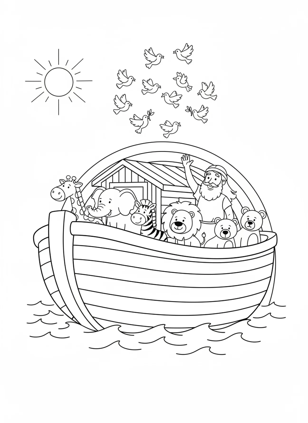 Arca flotando en el agua, página para colorear cristiana de Año Nuevo para niños de 5 a 10 años