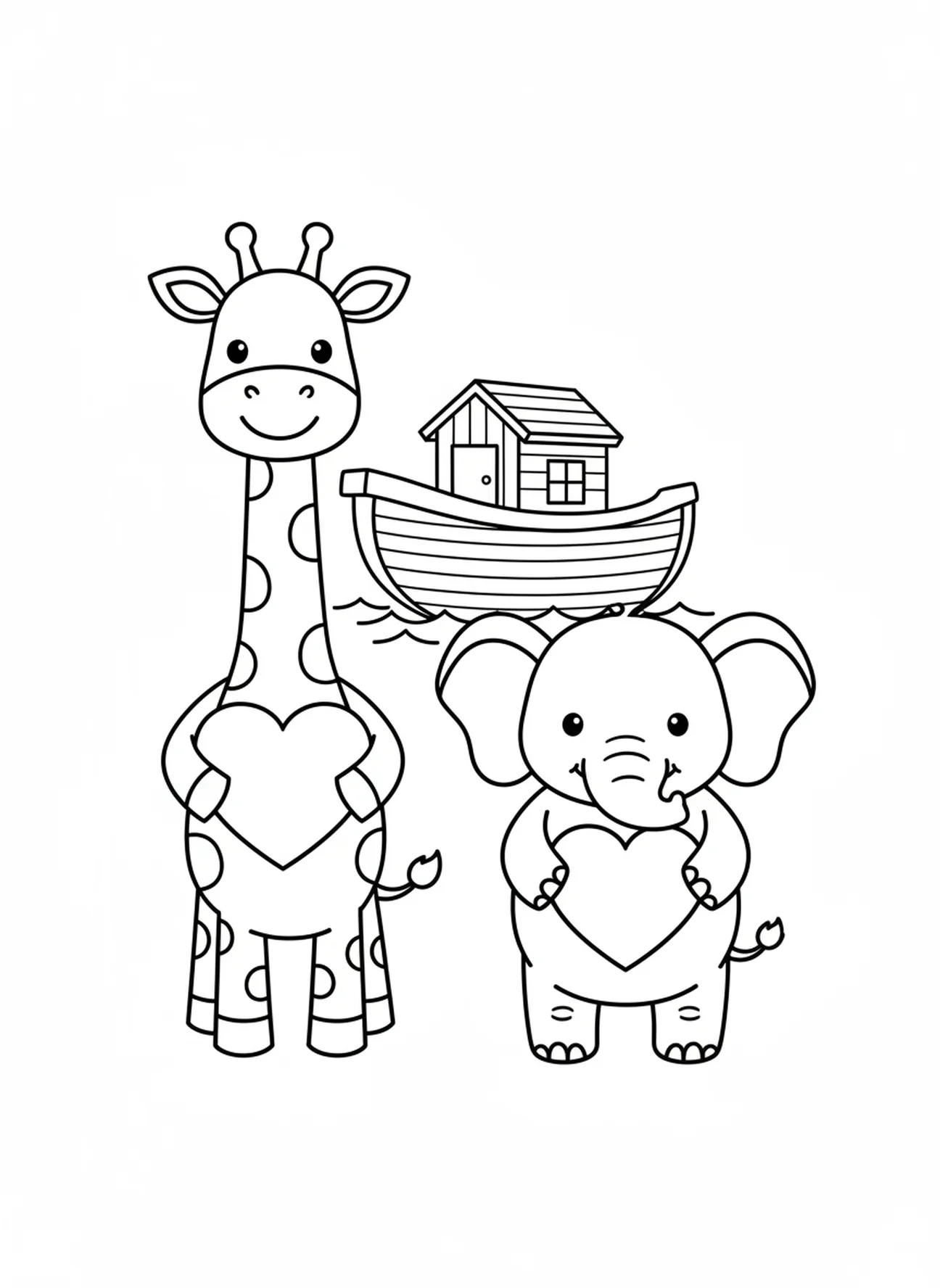 Girafe et éléphant avec des cœurs, page à colorier chrétienne pour les enfants d'âge préscolaire de 3 à 5 ans