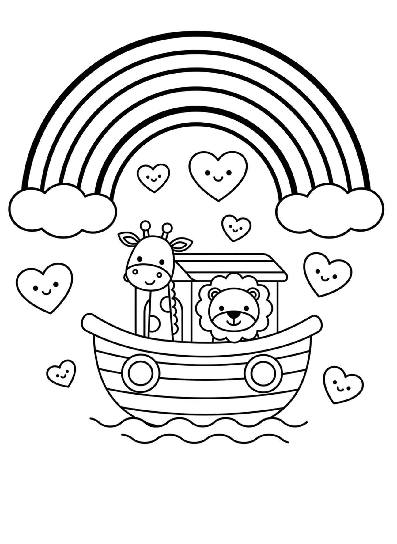 Arc-en-ciel au-dessus de l'arche, page à colorier chrétienne pour les enfants d'âge préscolaire de 3 à 5 ans