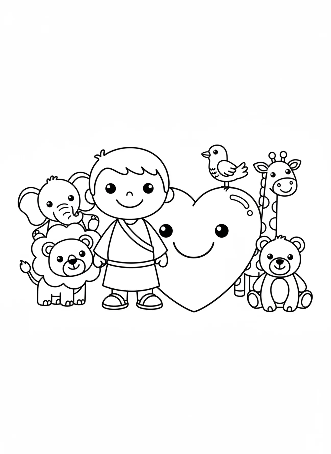 Noé avec des animaux et un cœur, page à colorier chrétienne pour les enfants d'âge préscolaire de 3 à 5 ans