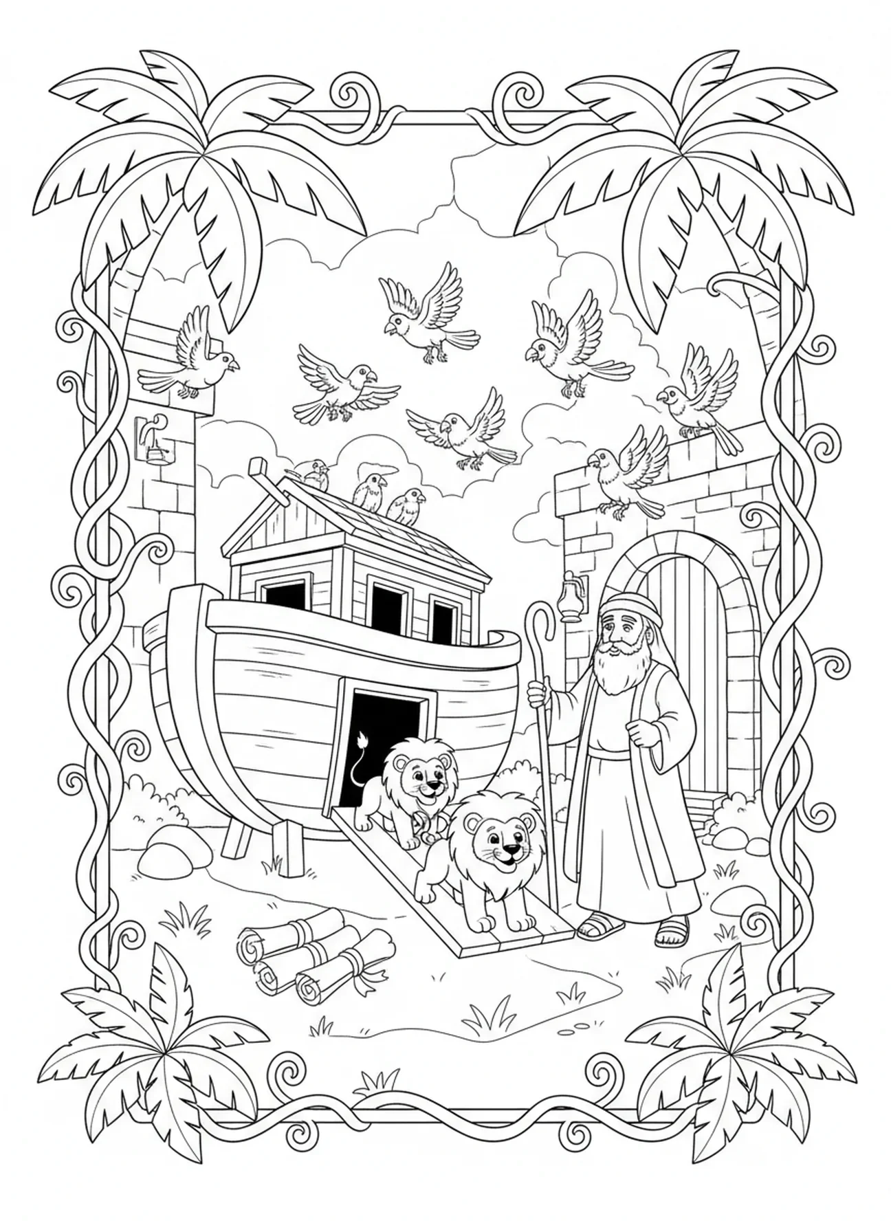 Lions et oiseaux montant à bord de l'arche, page à colorier chrétienne pour les enfants de catéchisme âgés de 5 à 12 ans.