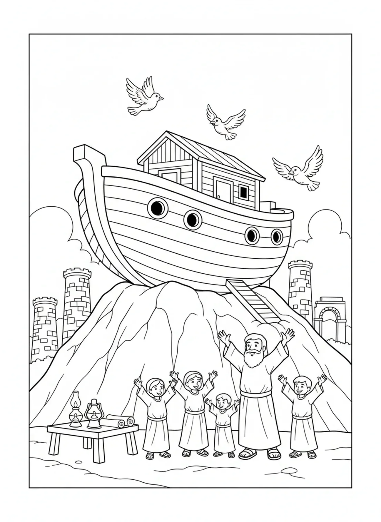L'arche de Noé sur la montagne, page à colorier chrétienne pour les enfants de l'École du dimanche âgés de 5 à 12 ans.