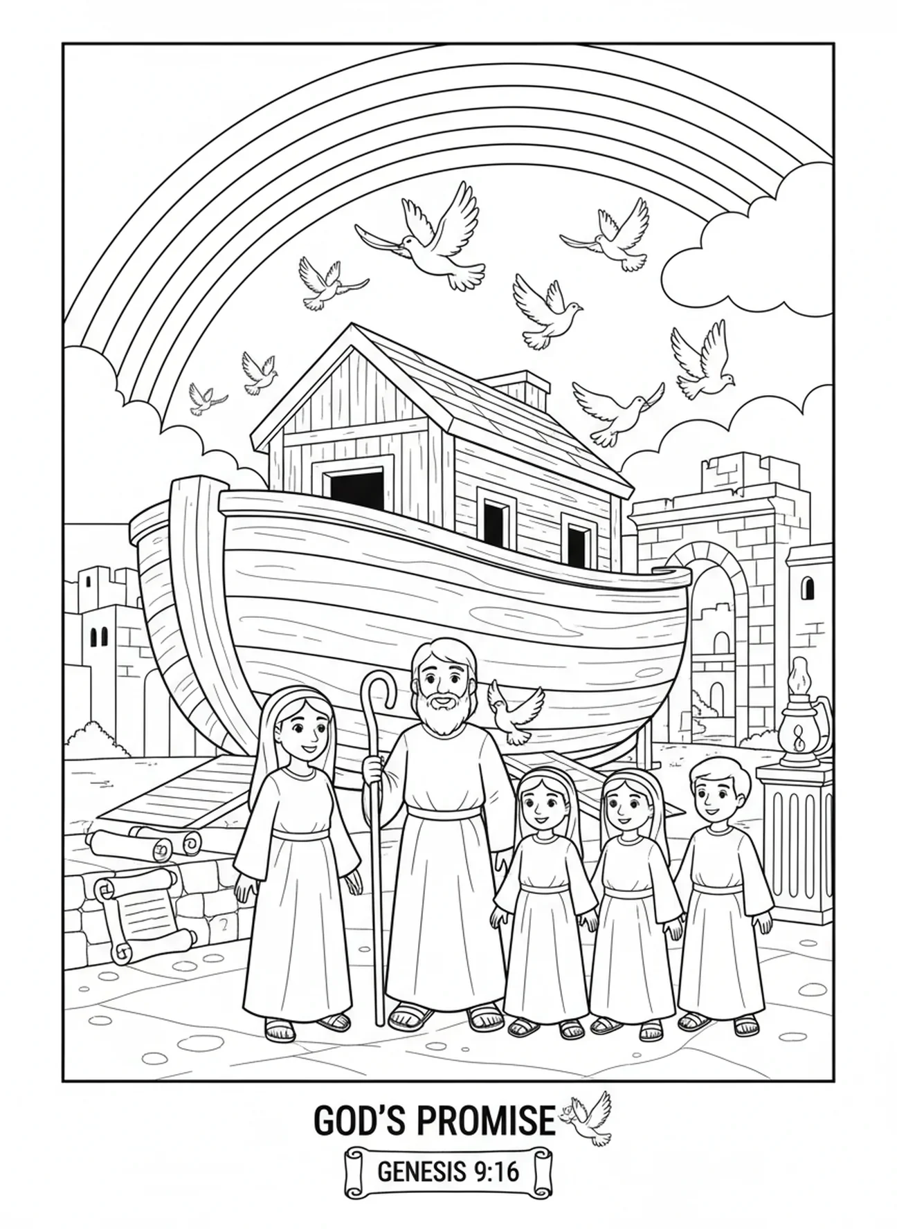 La famille de Noé sous l'arc-en-ciel, page à colorier chrétienne pour les enfants de catéchisme âgés de 5 à 12 ans.