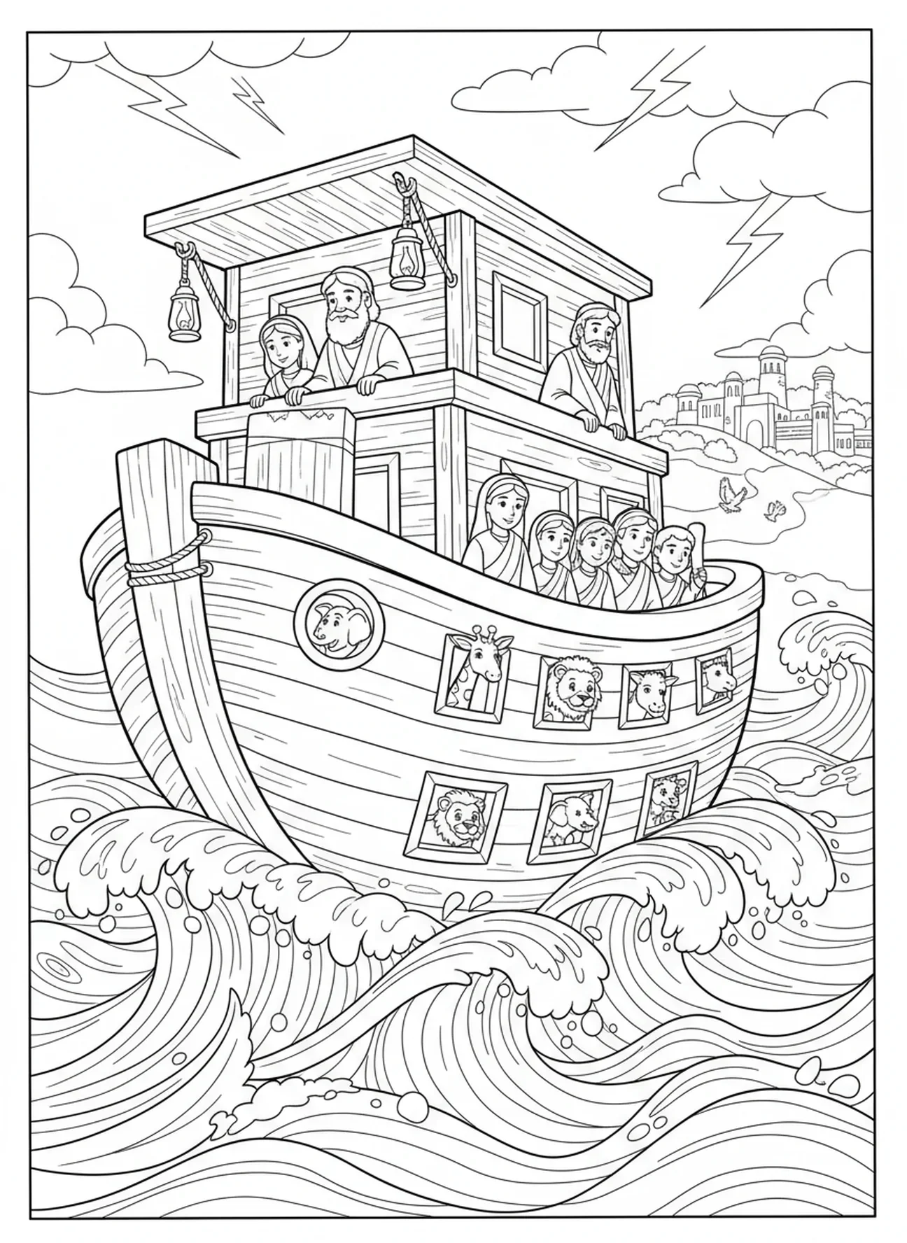 L'arche de Noé sur des mers orageuses, page à colorier chrétienne pour les enfants de l'École du dimanche âgés de 5 à 12 ans.