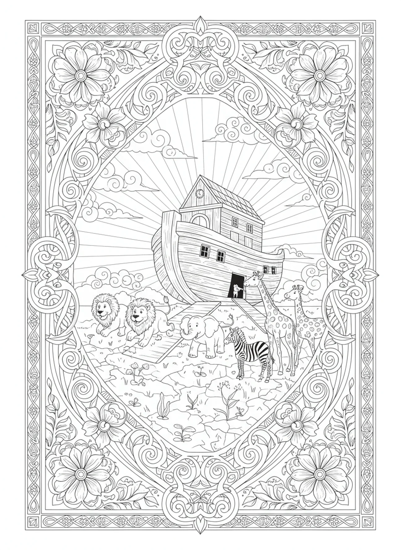 Animais saindo da arca com alegria, página de colorir religiosa para o Dia dos Veteranos no estilo de journaling bíblico para adultos.