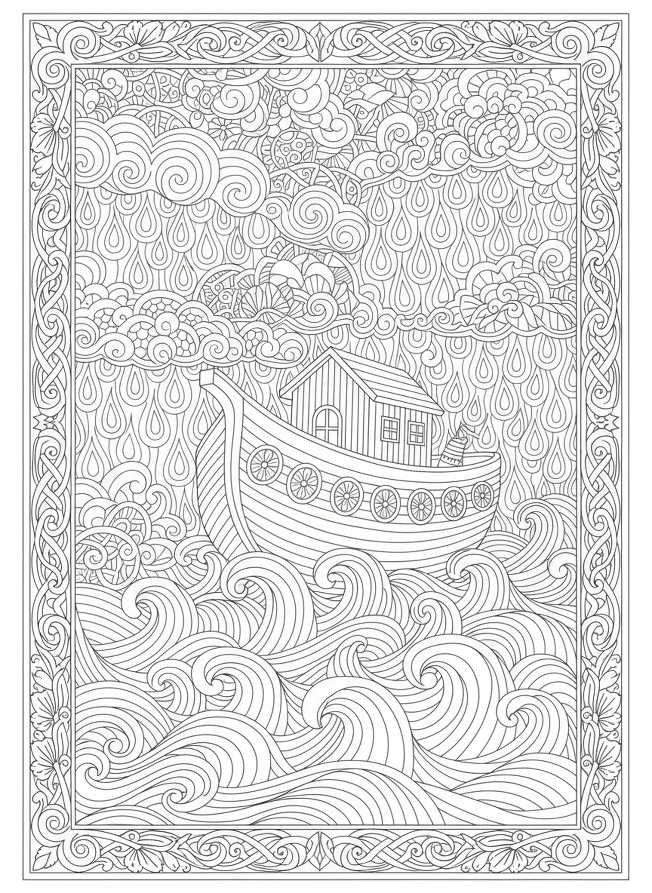 A arca navegando em meio à tempestade, página para colorir religiosa do Dia dos Veteranos no estilo de journaling bíblico para adultos.