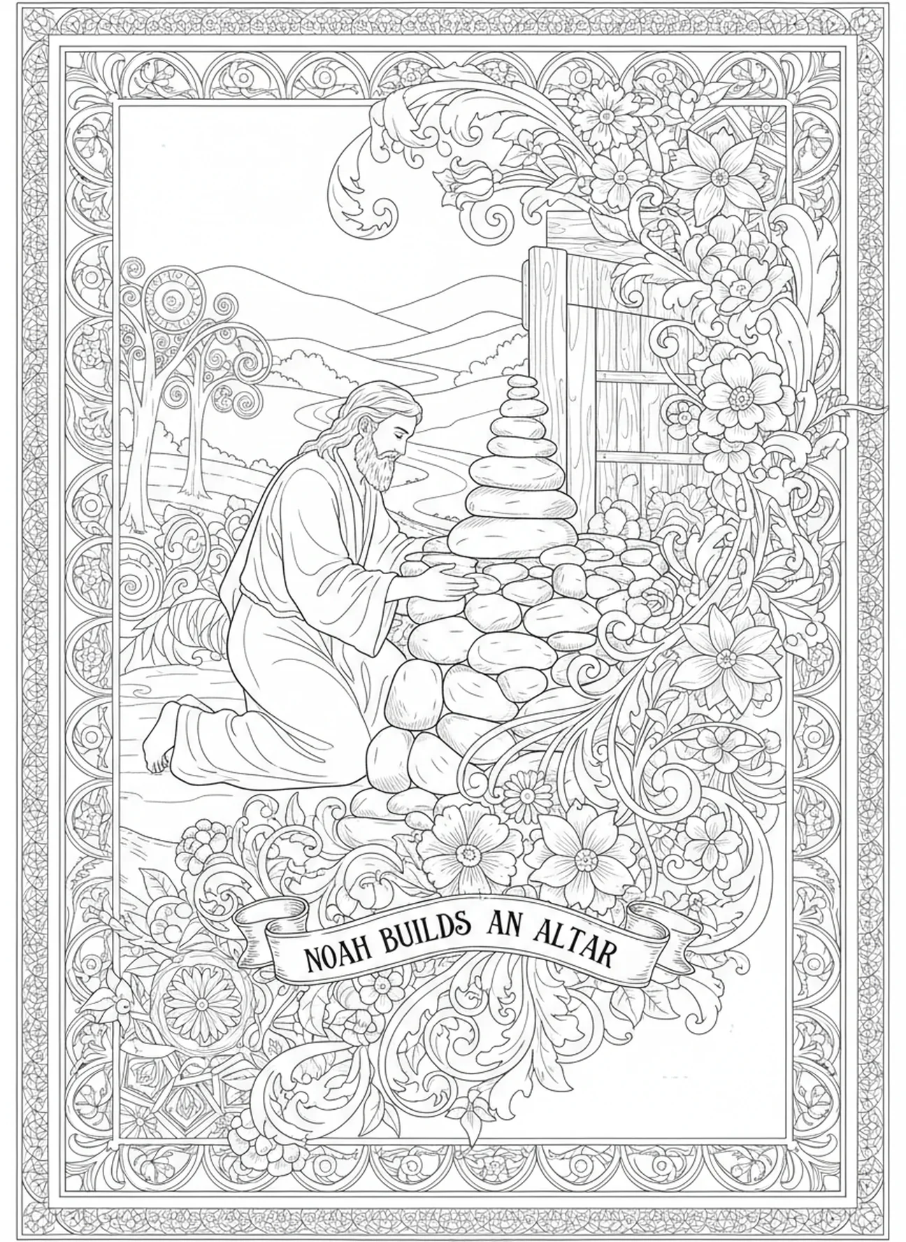 Noé construindo um altar cercado por desenhos florais, página de colorir religiosa para o Dia dos Veteranos no estilo de journaling bíblico para adultos.