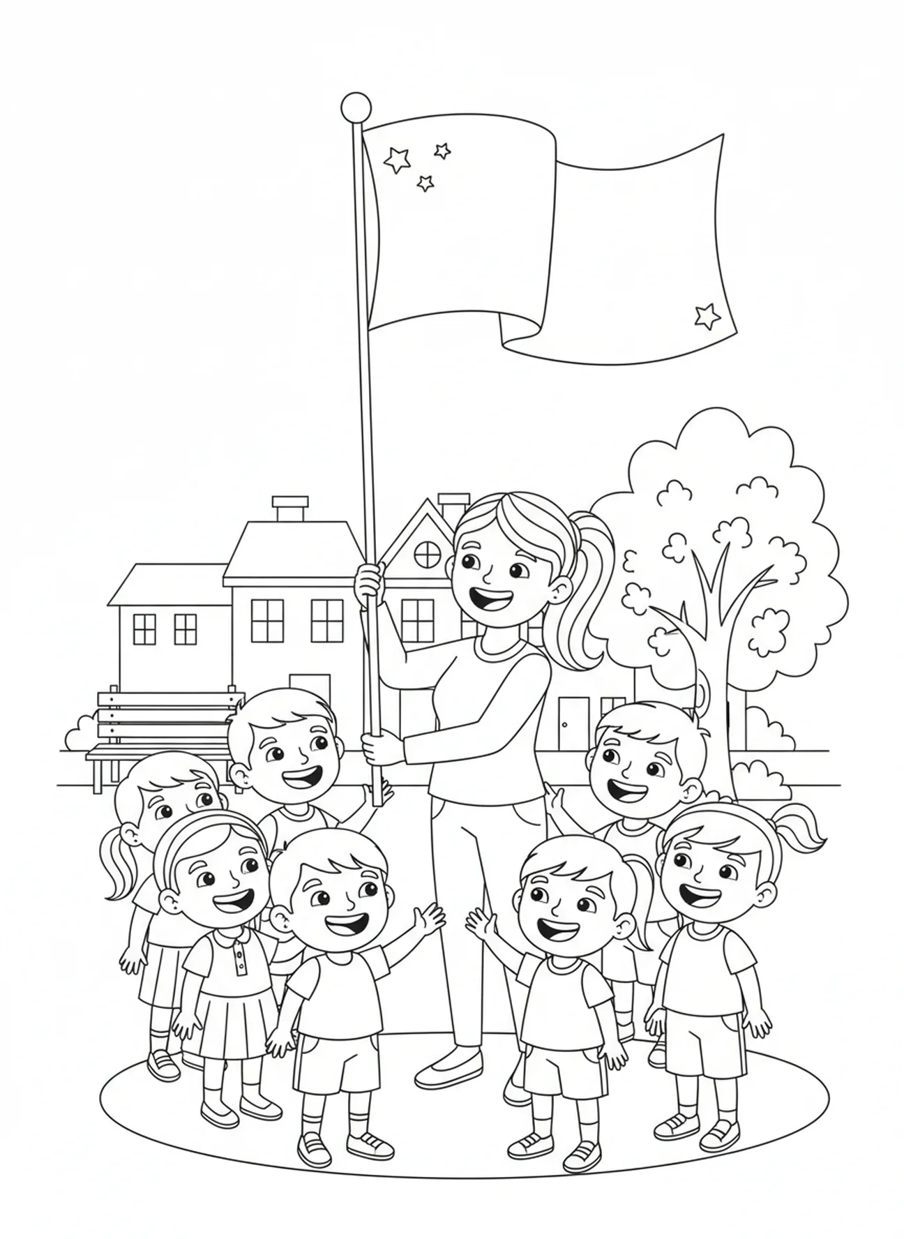 Cerimônia de içamento de bandeira, página de colorir religiosa para crianças de 5 a 10 anos.