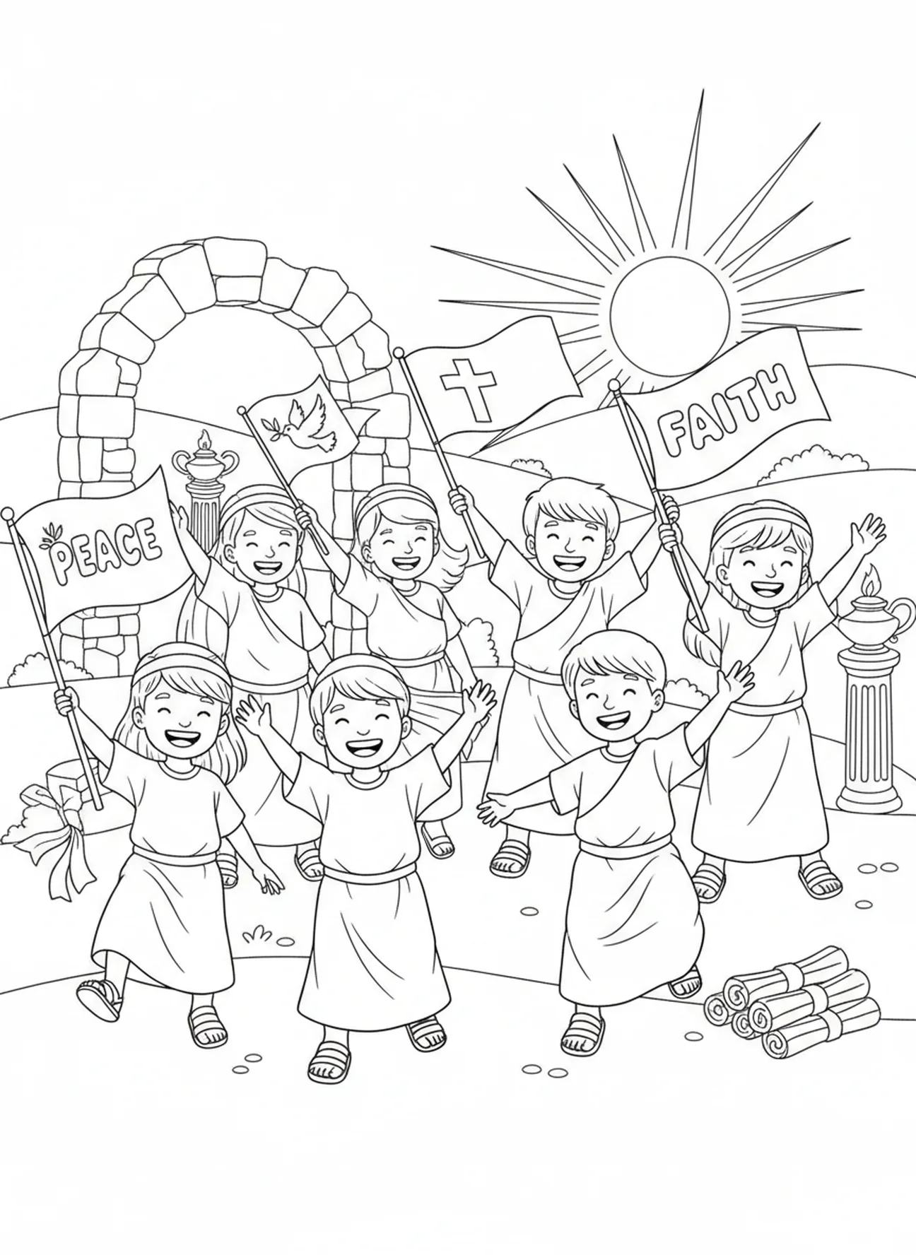 Dzieci machające flagami, religijna kolorowanka na Dzień Weteranów dla dzieci w katechezie w wieku 5-12 lat.