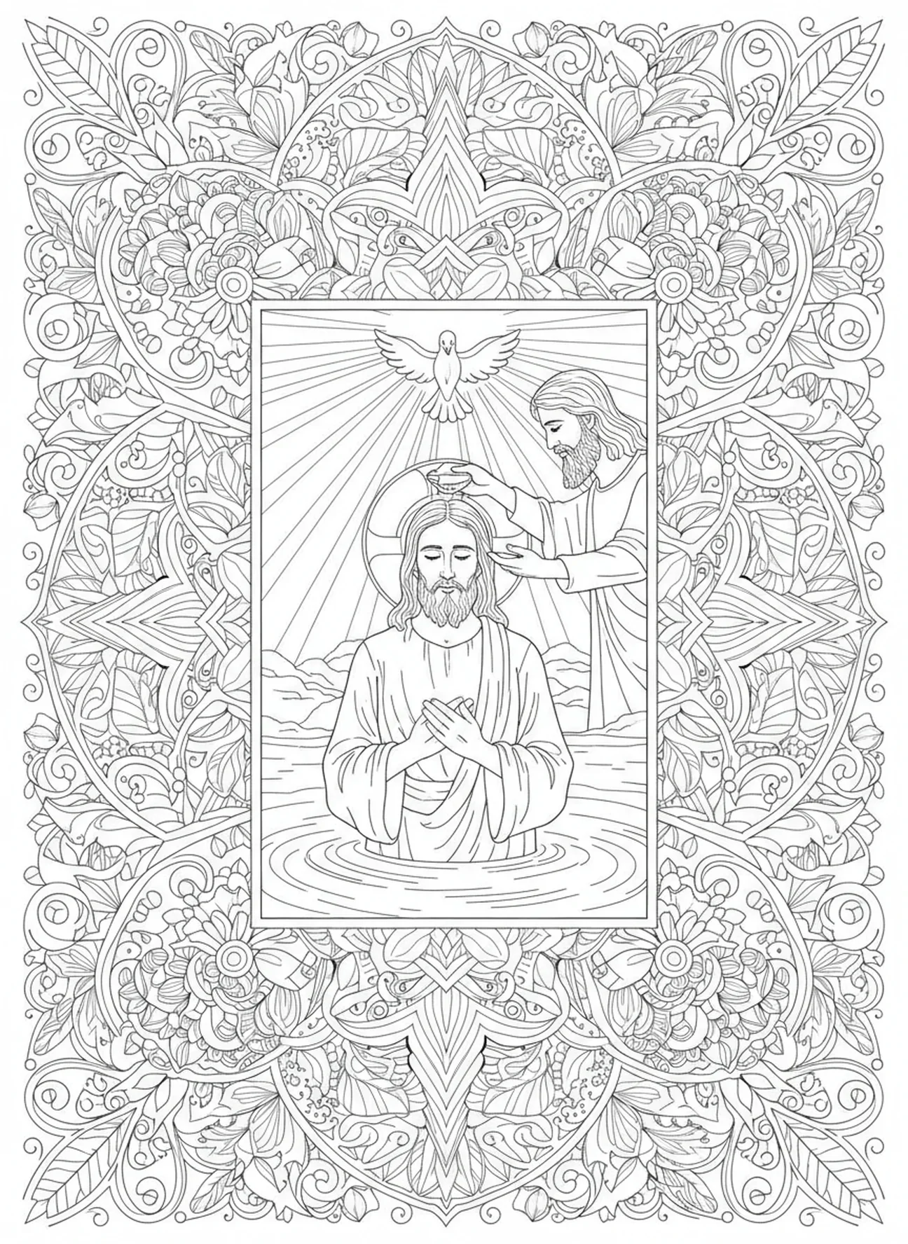Jezus gedoopt met duif erboven, Heilige Geest kleurplaat voor volwassenen in Bijbel journaling stijl.
