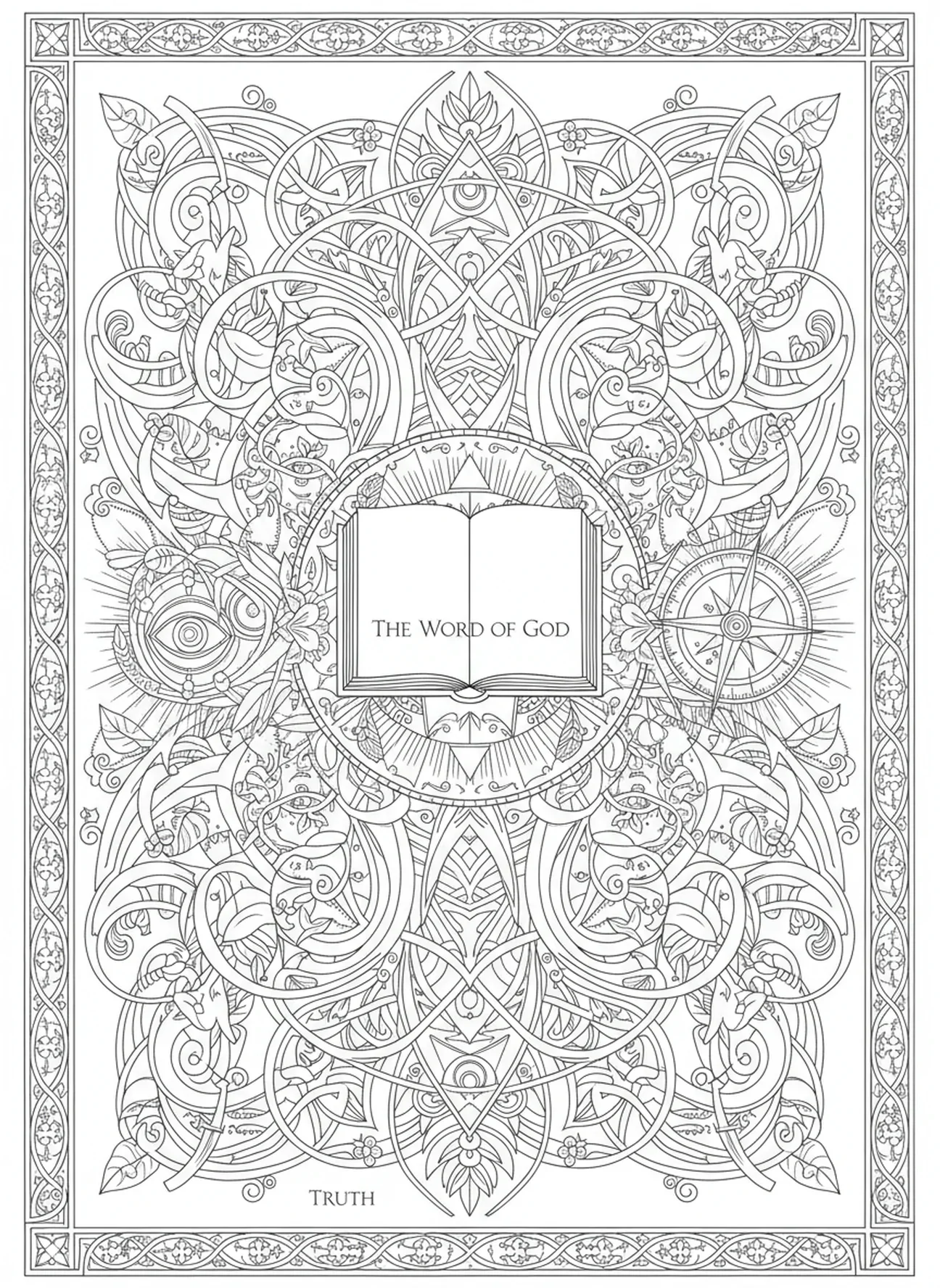 Open boek dat de waarheid symboliseert, kleurplaat van de Heilige Geest voor volwassenen in bijbeljournaling stijl.
