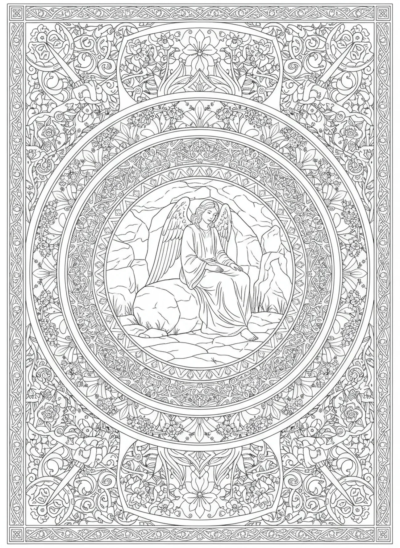 Anjo sentado na pedra, página de colorir da Vigília Pascal para adultos no estilo de journaling bíblico.