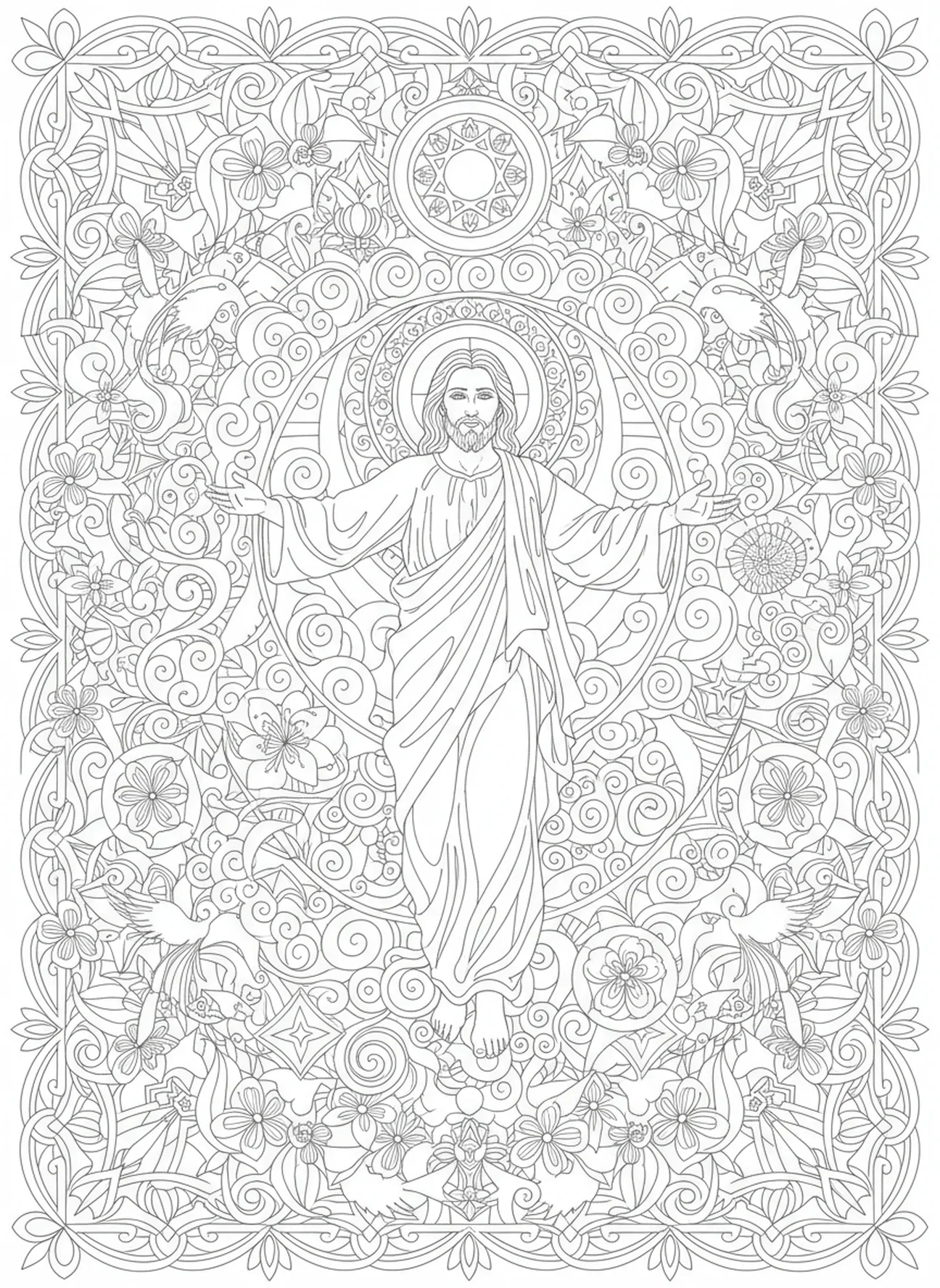 Jesus subindo aos céus, página de colorir da Vigília Pascal para adultos no estilo de journaling bíblico.