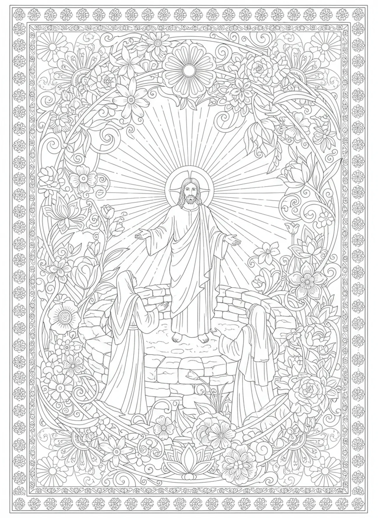 Jesus aparecendo para as mulheres fora do túmulo, página de colorir da Vigília Pascal no estilo de journaling bíblico para adultos.
