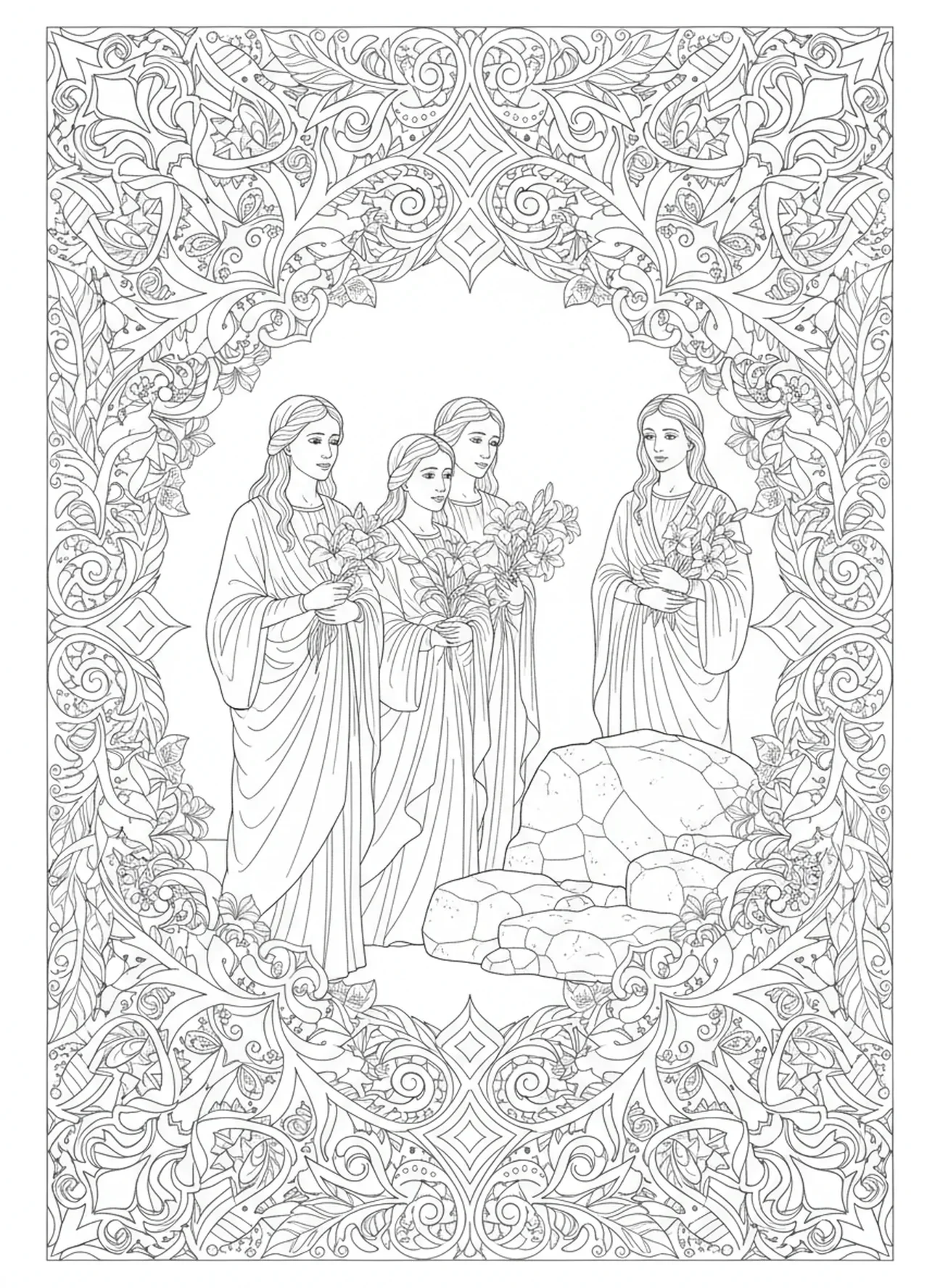 Mulheres se aproximando do túmulo com flores, página de colorir da Vigília Pascal para adultos no estilo de journaling bíblico.