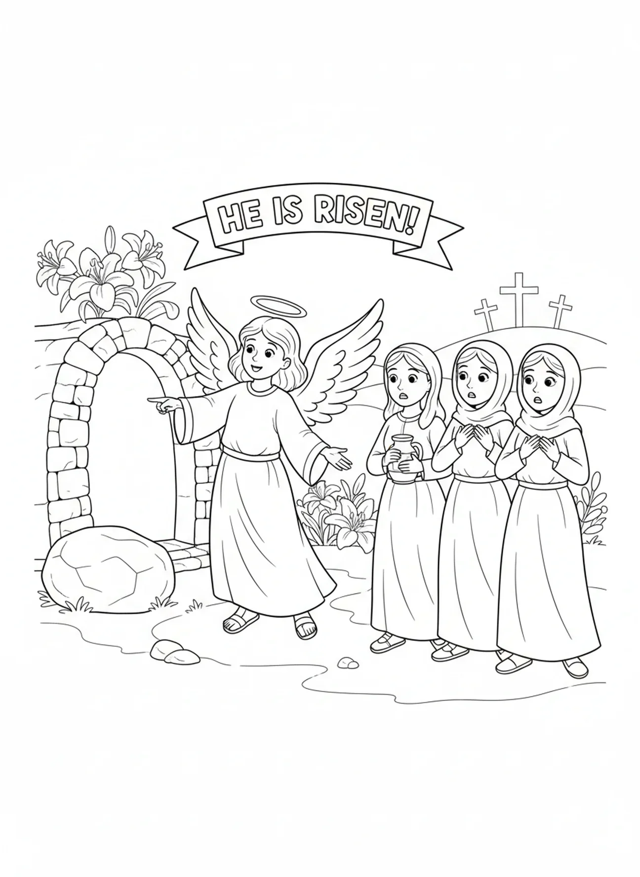 Engel spricht zu den Frauen, Ausmalbild für die Osternacht für Kinder im Alter von 5-10 Jahren