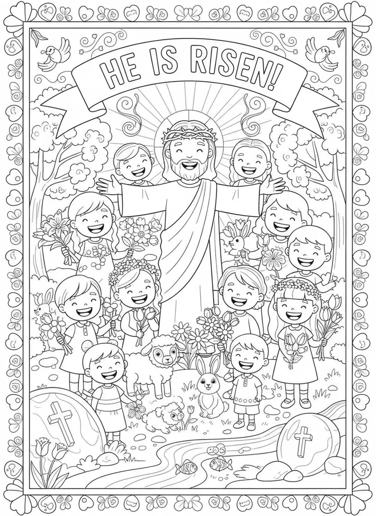 Feier der Auferstehung, Ausmalbild für die Osternacht für Kinder im Alter von 5-10 Jahren