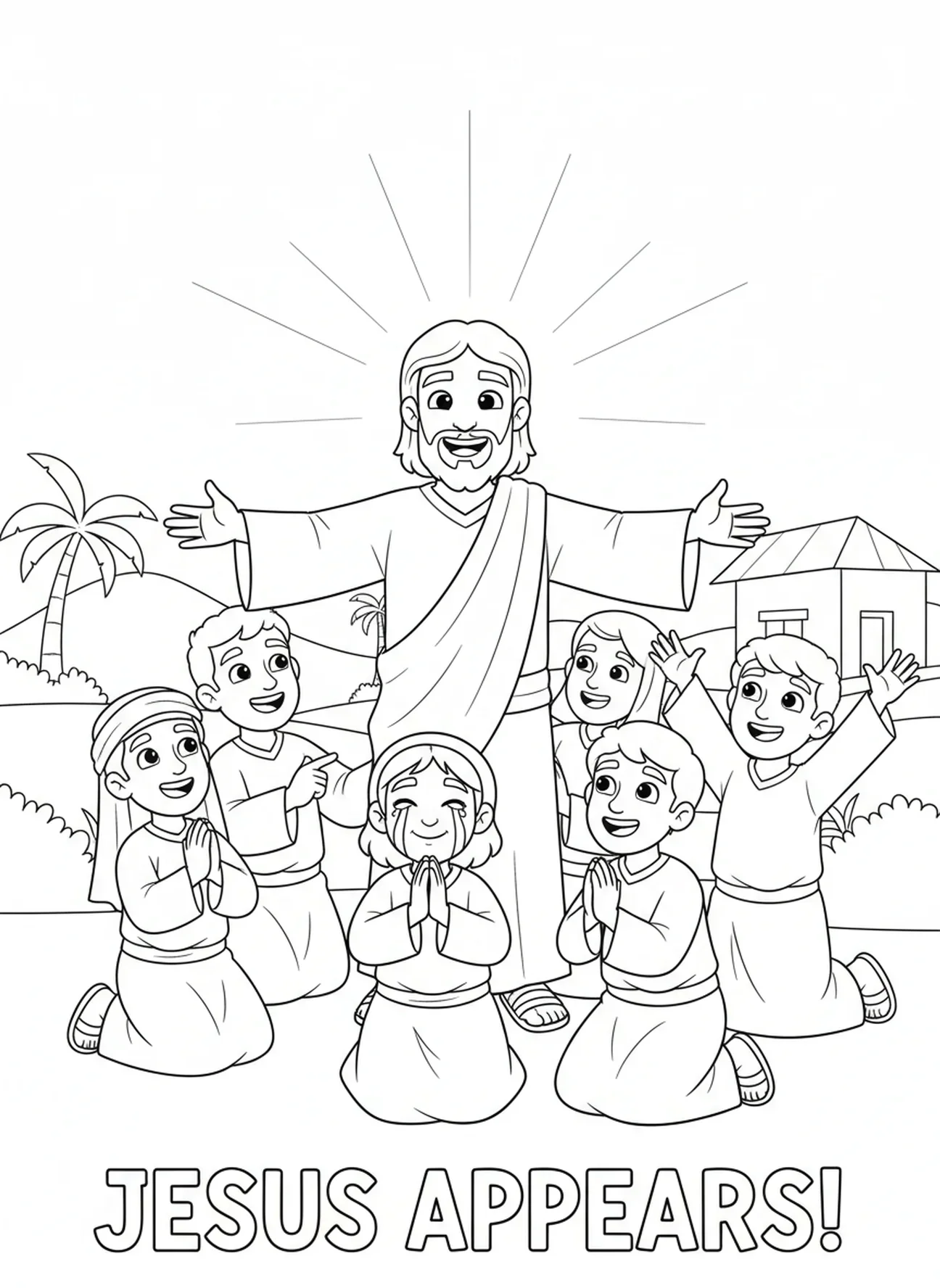 Jesus erscheint den Jüngern, Ausmalbild für die Osternacht für Kinder im Alter von 5-10 Jahren