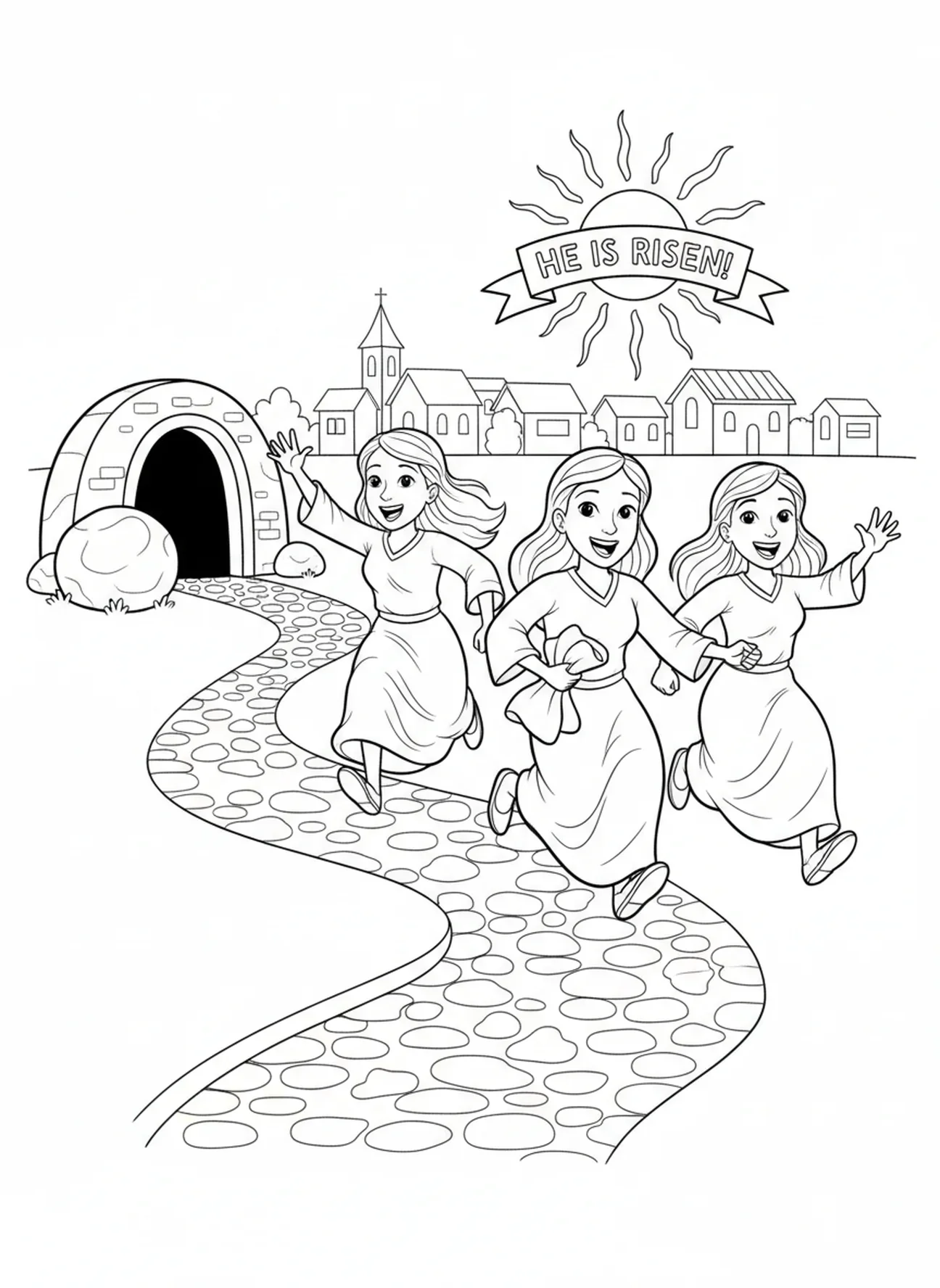 Frauen laufen, um die Nachricht zu verkünden, Ausmalbild für die Osternacht für Kinder im Alter von 5-10 Jahren
