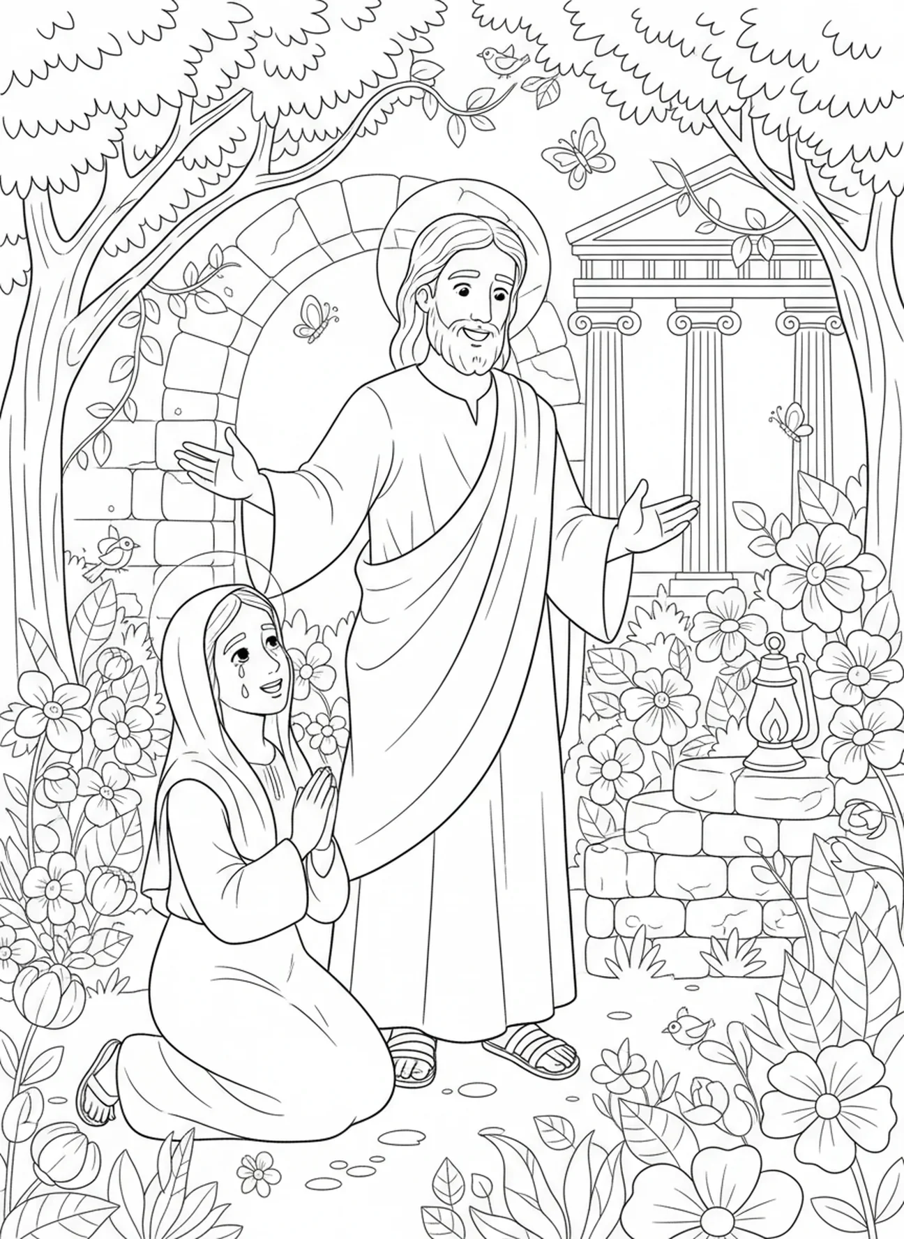 Jezus ukazujący się Maryi w ogrodzie, kolorowanka na Wigilię Paschalną dla dzieci w katechezie w wieku 5-12 lat.