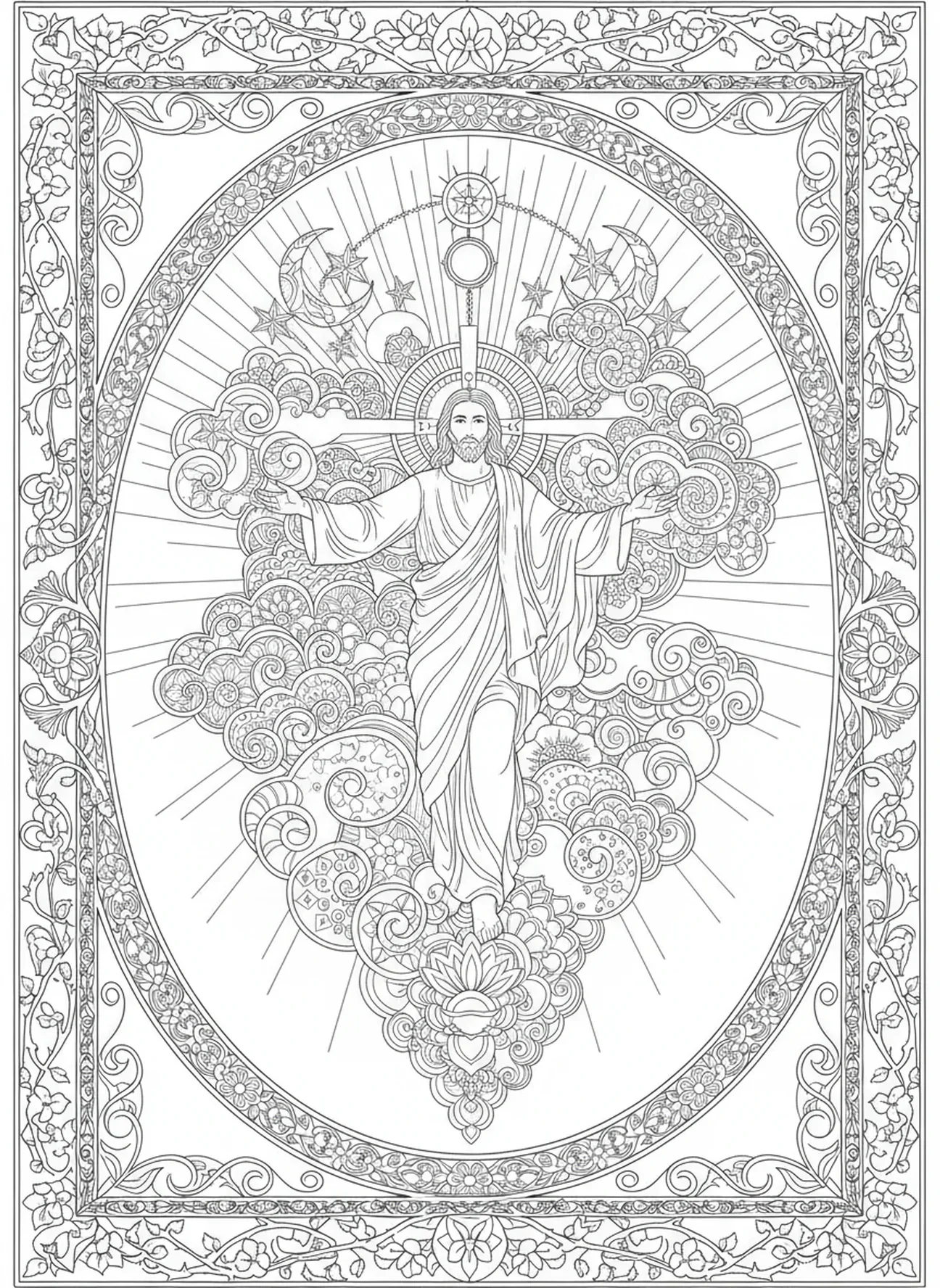 Jezus wstępujący do nieba, kolorowanka na Wielki Piątek w stylu dziennika biblijnego dla dorosłych