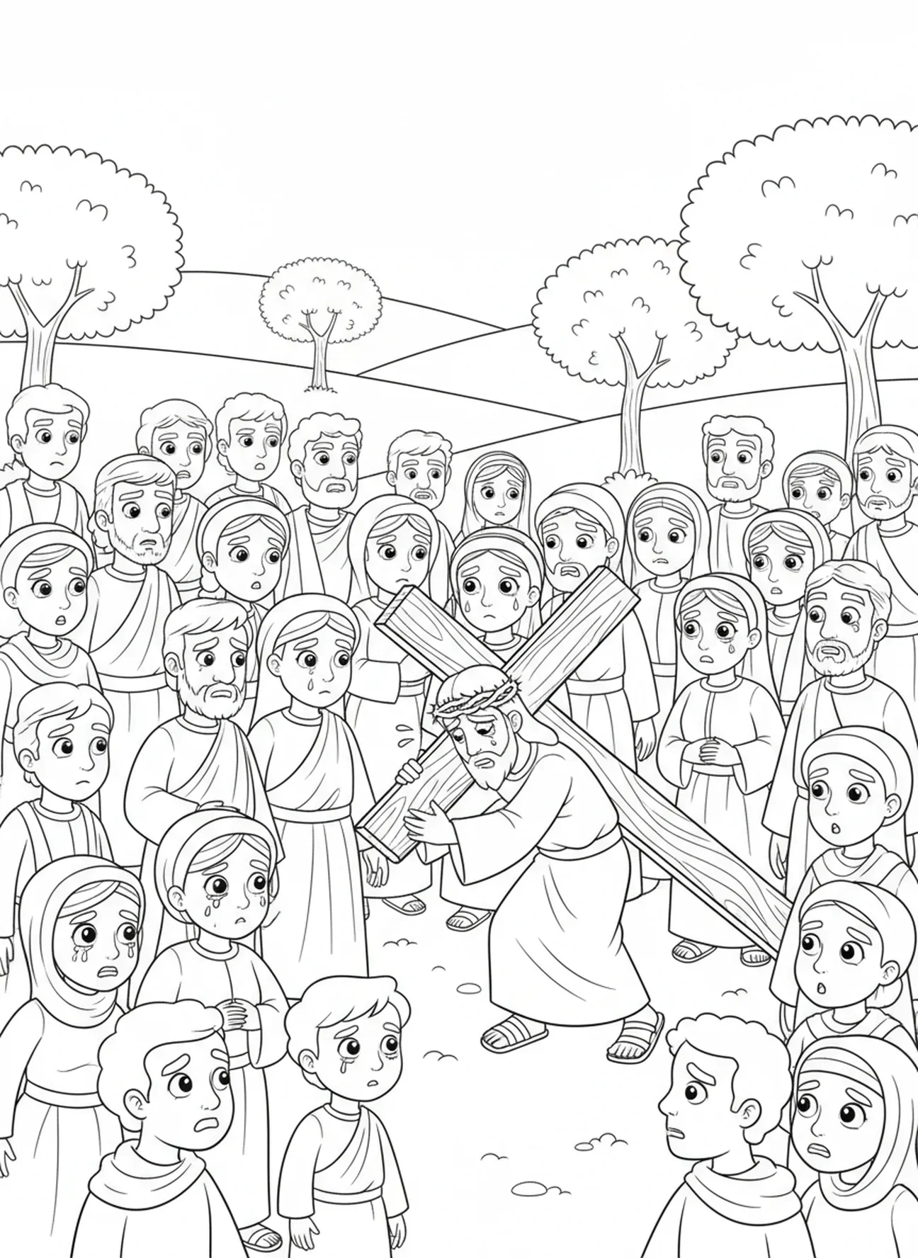 Multitud observando a Jesús, página para colorear de la Cruz del Viernes Santo para niños de 5 a 10 años