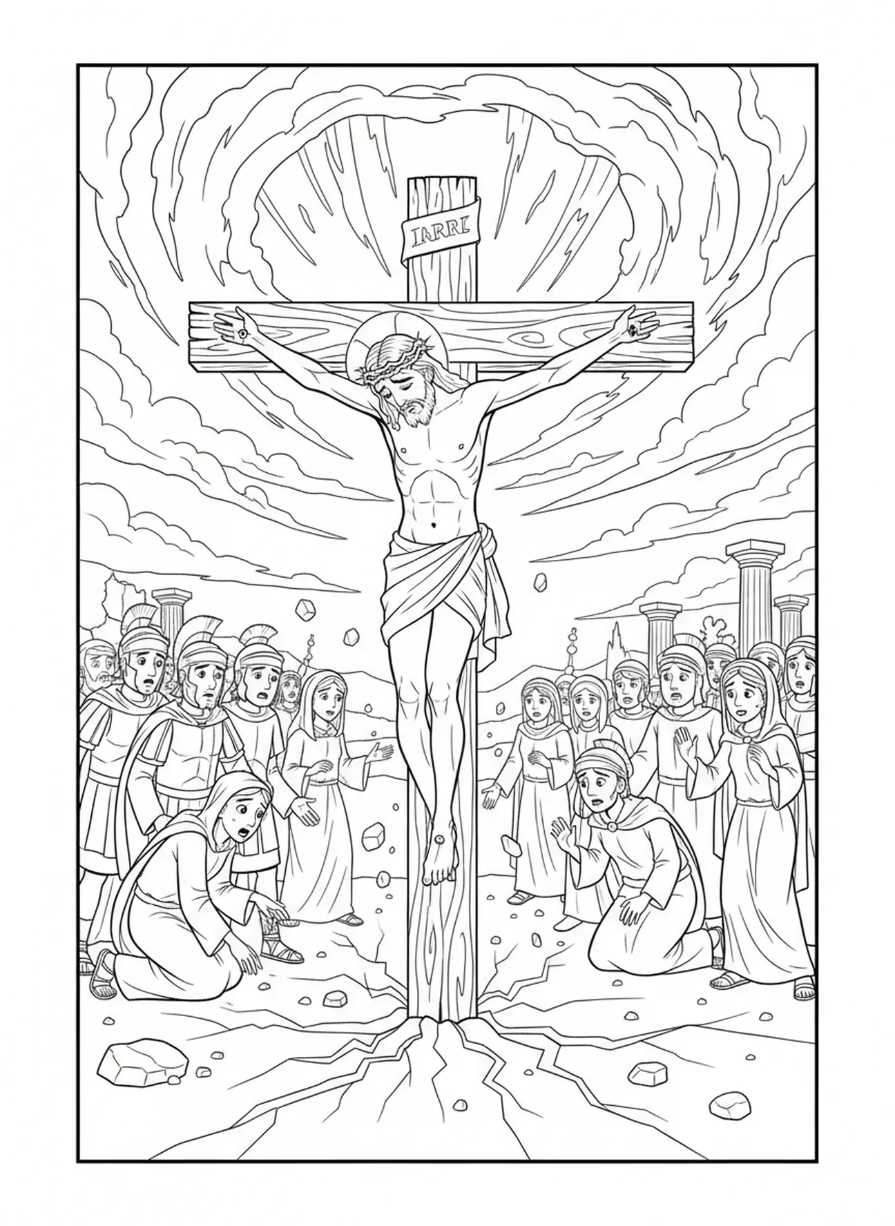 Cielo oscurecido durante la crucifixión, página para colorear de la Cruz del Viernes Santo para niños de 5 a 10 años