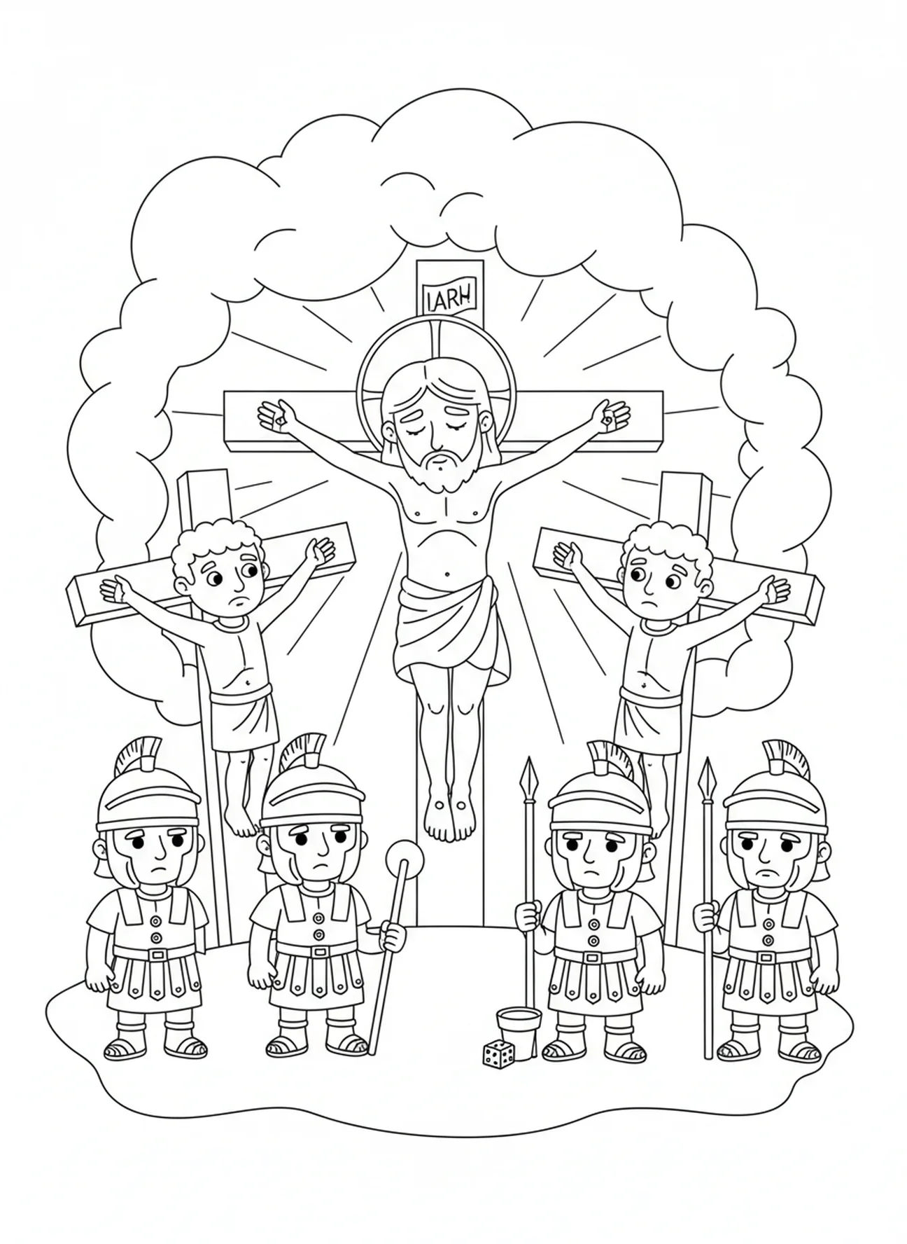 Jesús en la cruz, página para colorear de la Cruz del Viernes Santo para niños de 5 a 10 años