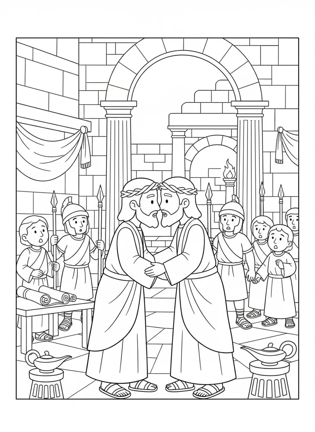 Judas beijando Jesus, página de colorir da Cruz da Sexta-feira Santa para crianças da Escola Dominical de 5 a 12 anos.