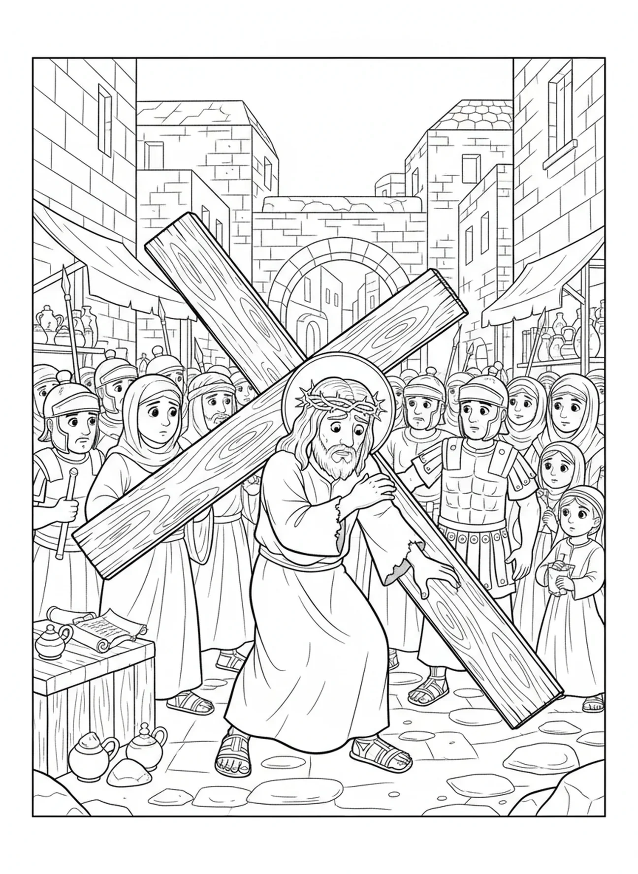 Jesus carregando a cruz, página de colorir da Sexta-feira Santa para crianças da Escola Dominical de 5 a 12 anos.